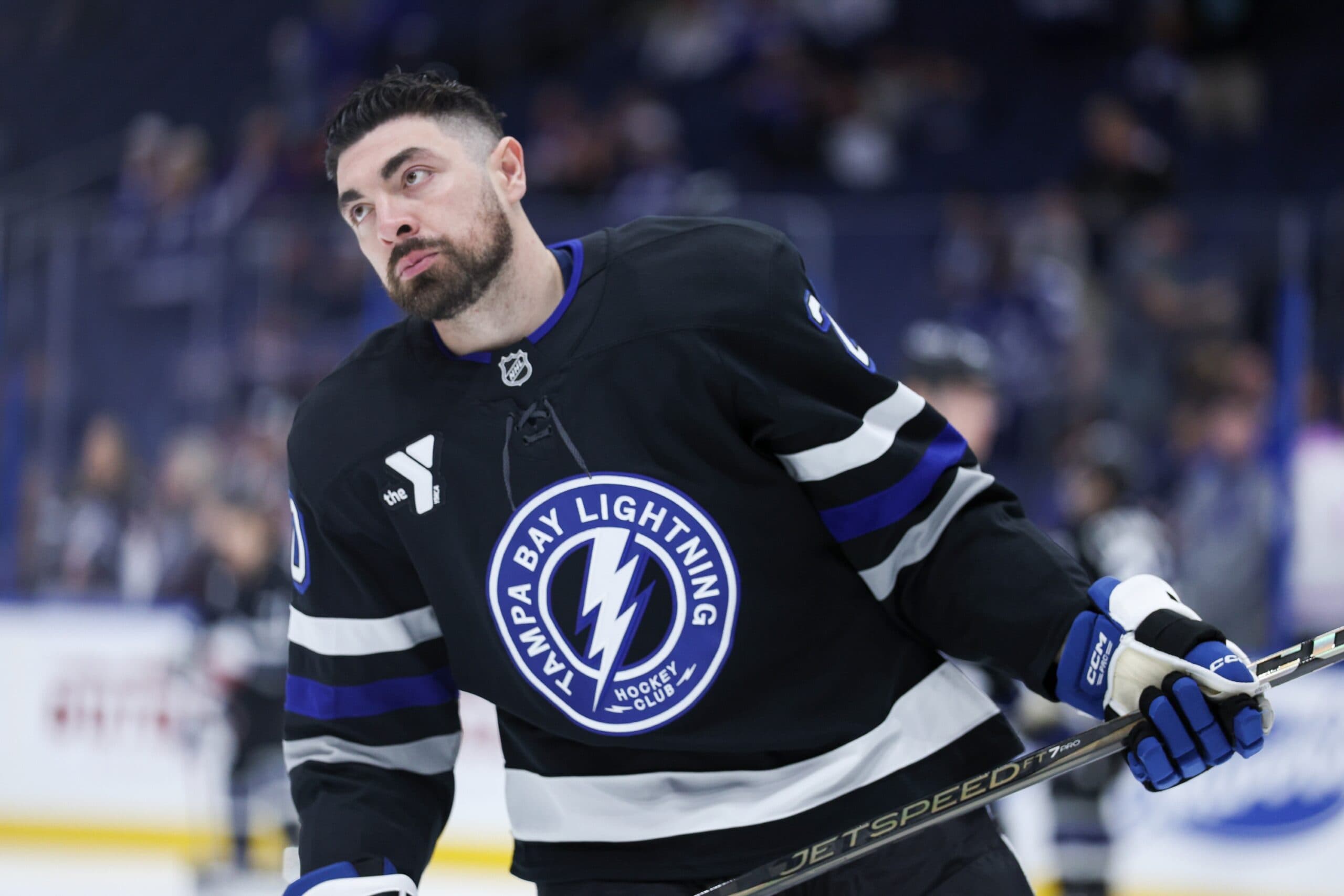 Tampa Bay Lightning left wing Nick Paul (20) warms up before a game against the New York Islanders at Amalie Arena.