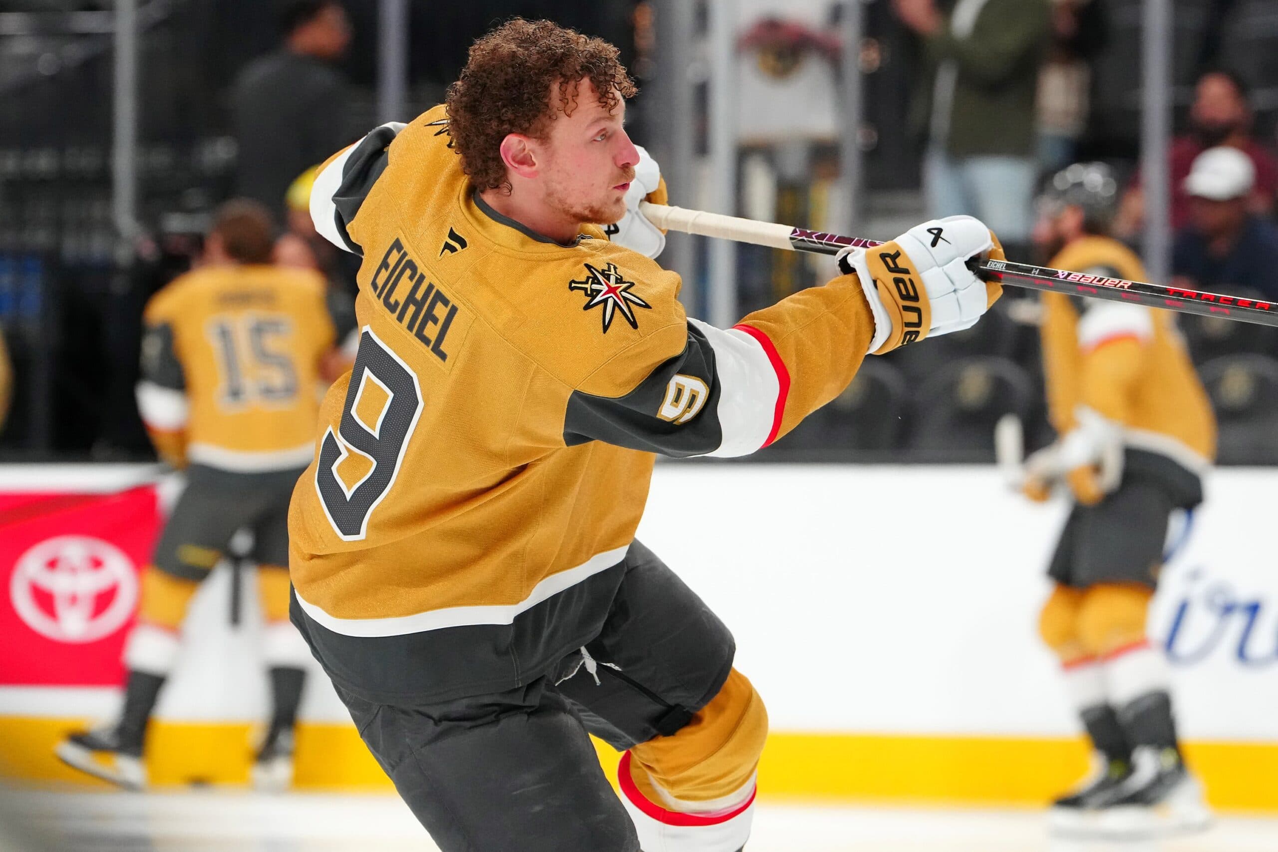 Vegas Golden Knights center Jack Eichel (9) warms up before a game against the Vancouver Canucks at T-Mobile Arena