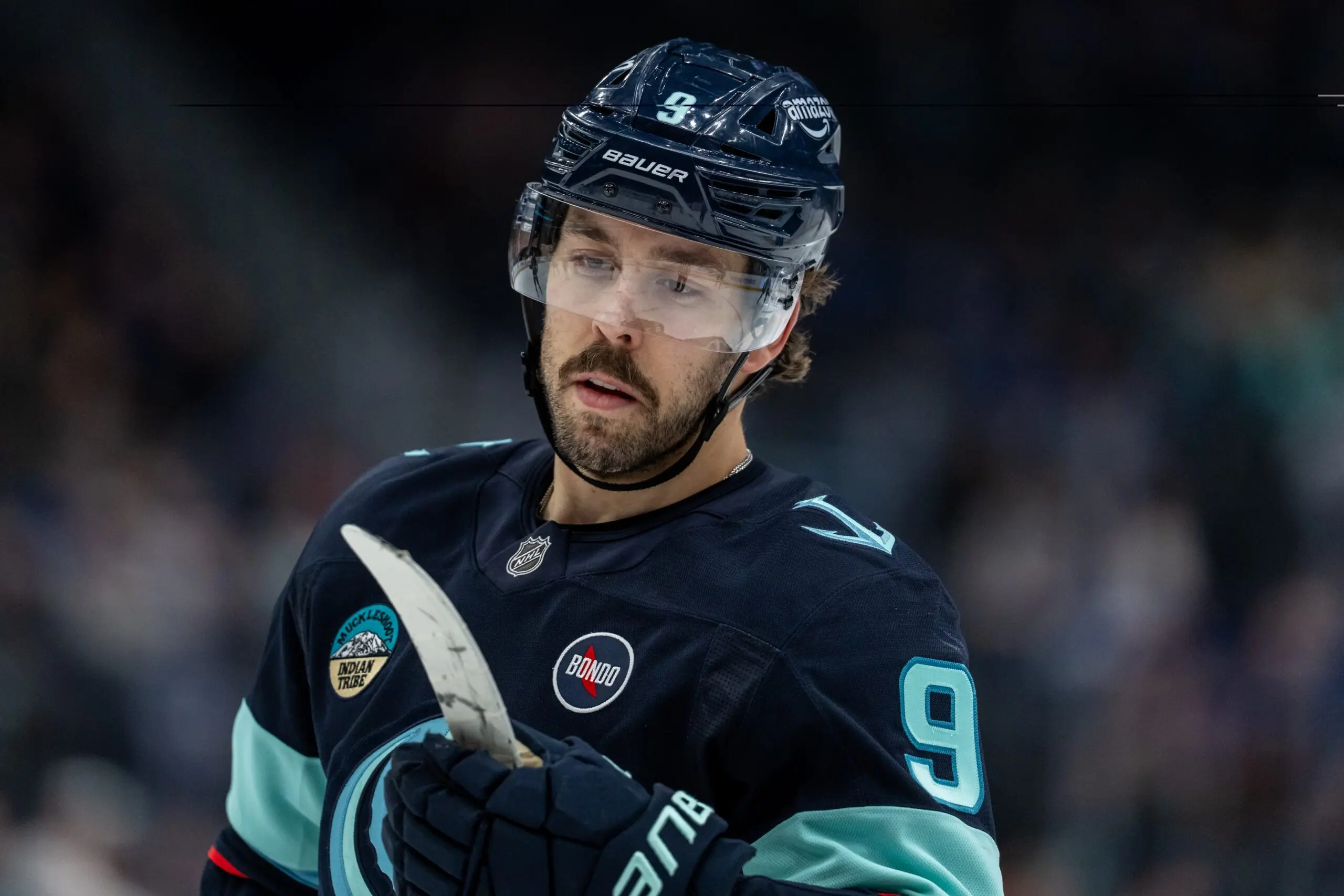 Seattle Kraken forward Chandler Stephenson (9) is pictured during a game against the Toronto Maple Leafs at Climate Pledge Arena.