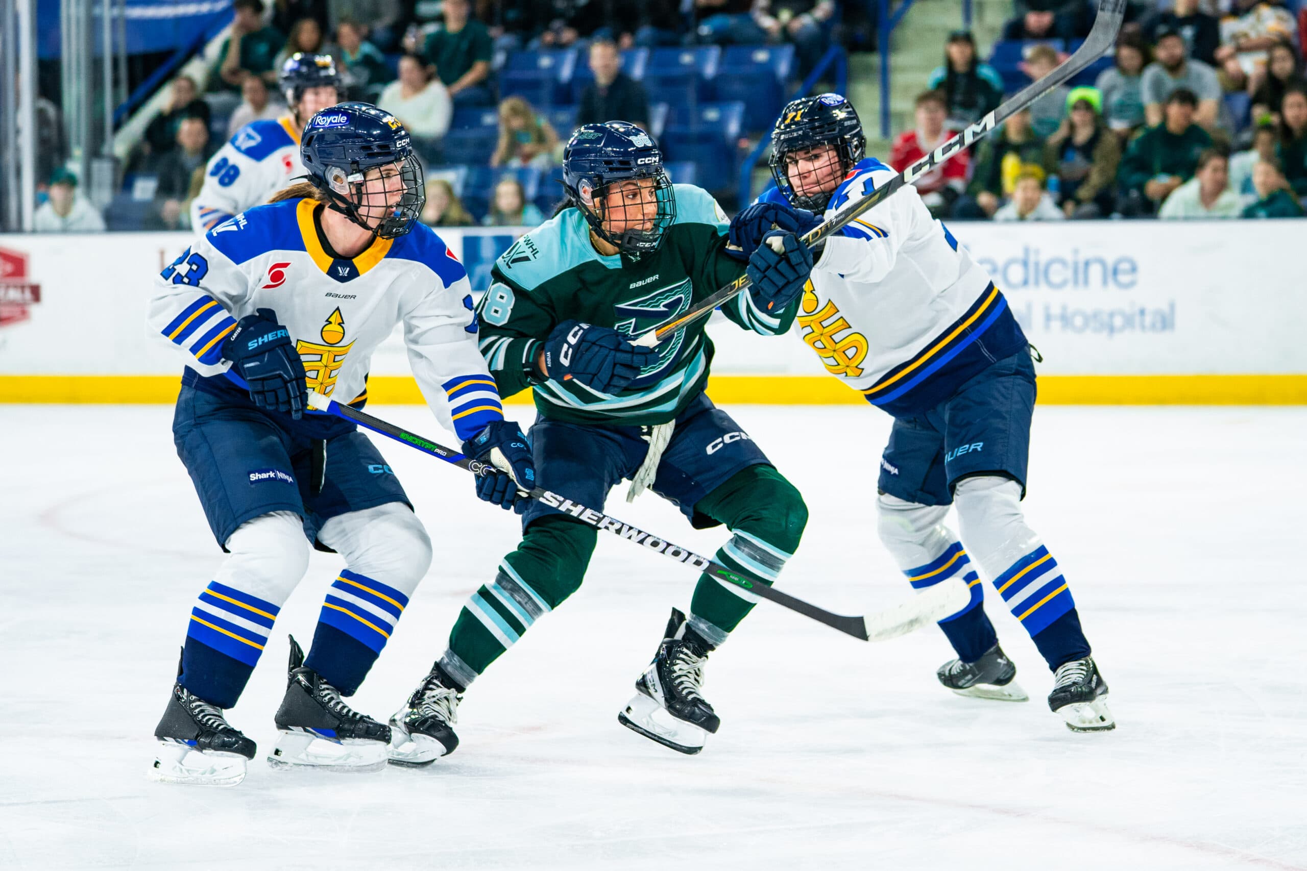 Toronto Sceptres defenders Anna Kjellbin, Megan Carter, Boston Fleet forward Lexi Adzija,
