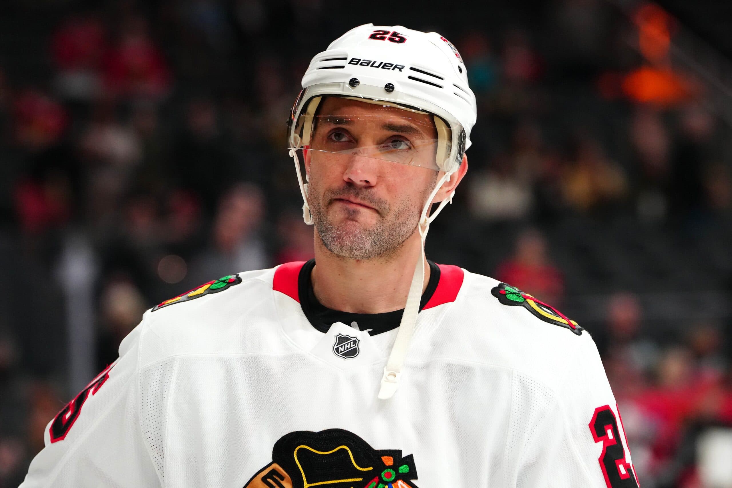 Chicago Blackhawks defenseman Alec Martinez (25) warms up before a game against the Vegas Golden Knights at T-Mobile Arena.