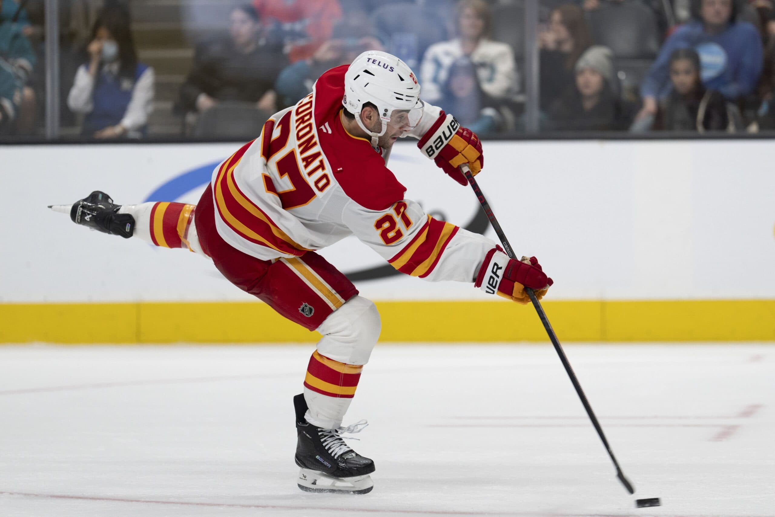 Calgary Flames right wing Matt Coronato (27) shoots the puck during the third period against the San Jose Sharks at SAP Center at San Jose.