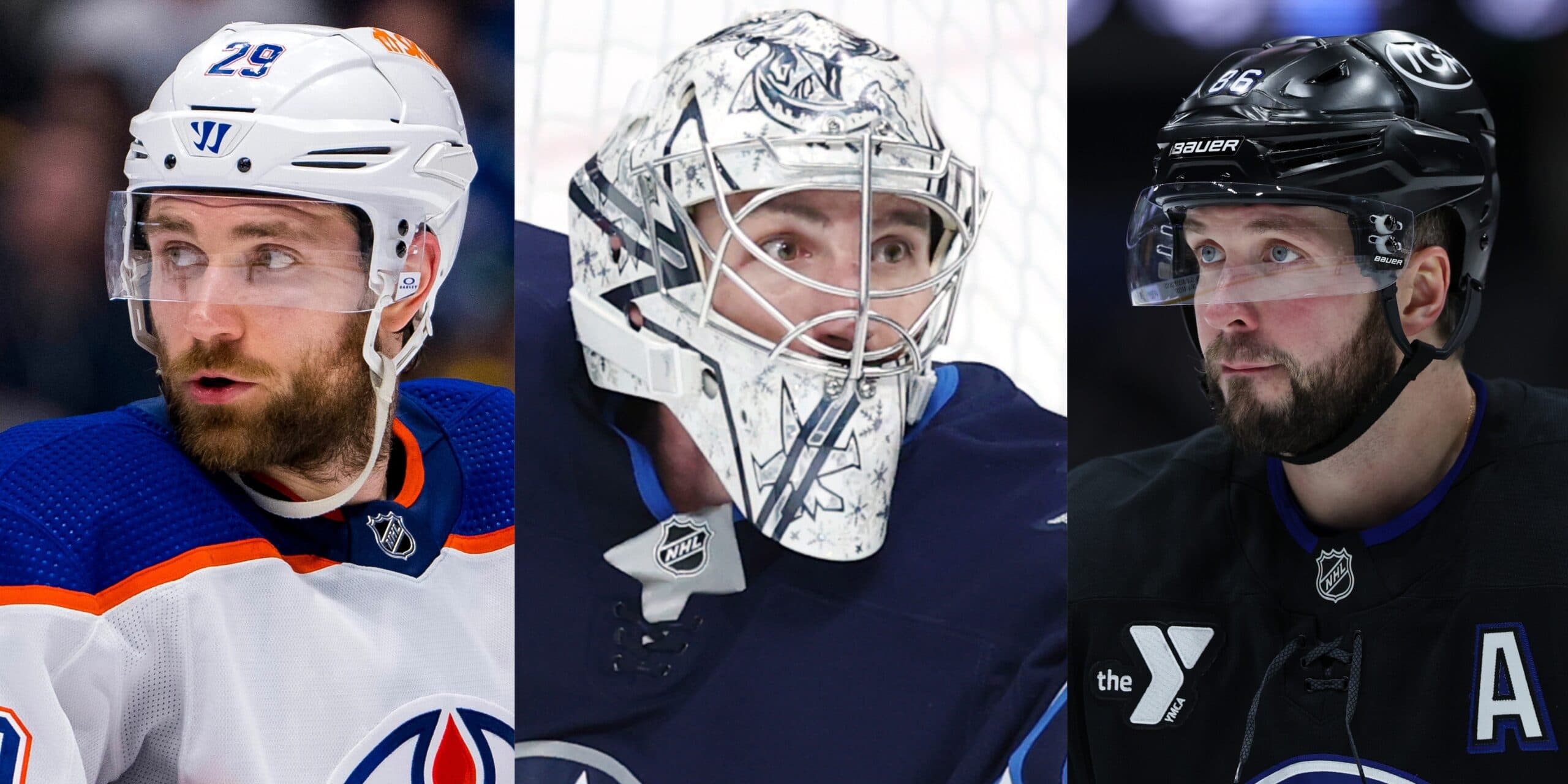 Leon Draisaitl, Connor Hellebuyck and Nikita Kucherov (Imagn Images)