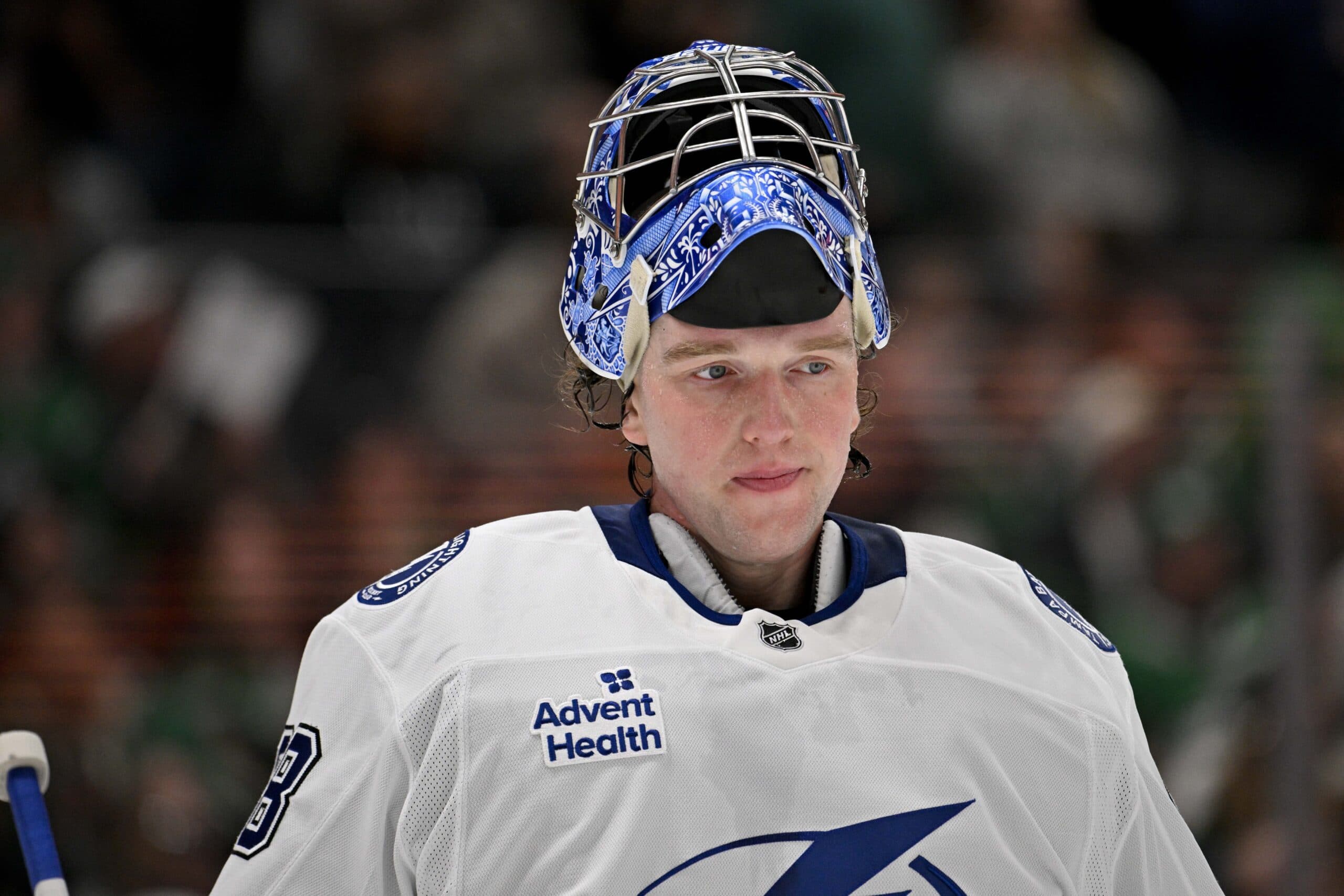 Tampa Bay Lightning goaltender Andrei Vasilevskiy (88) waits for play to resume against the Dallas Stars during the second period at the American Airlines Center.