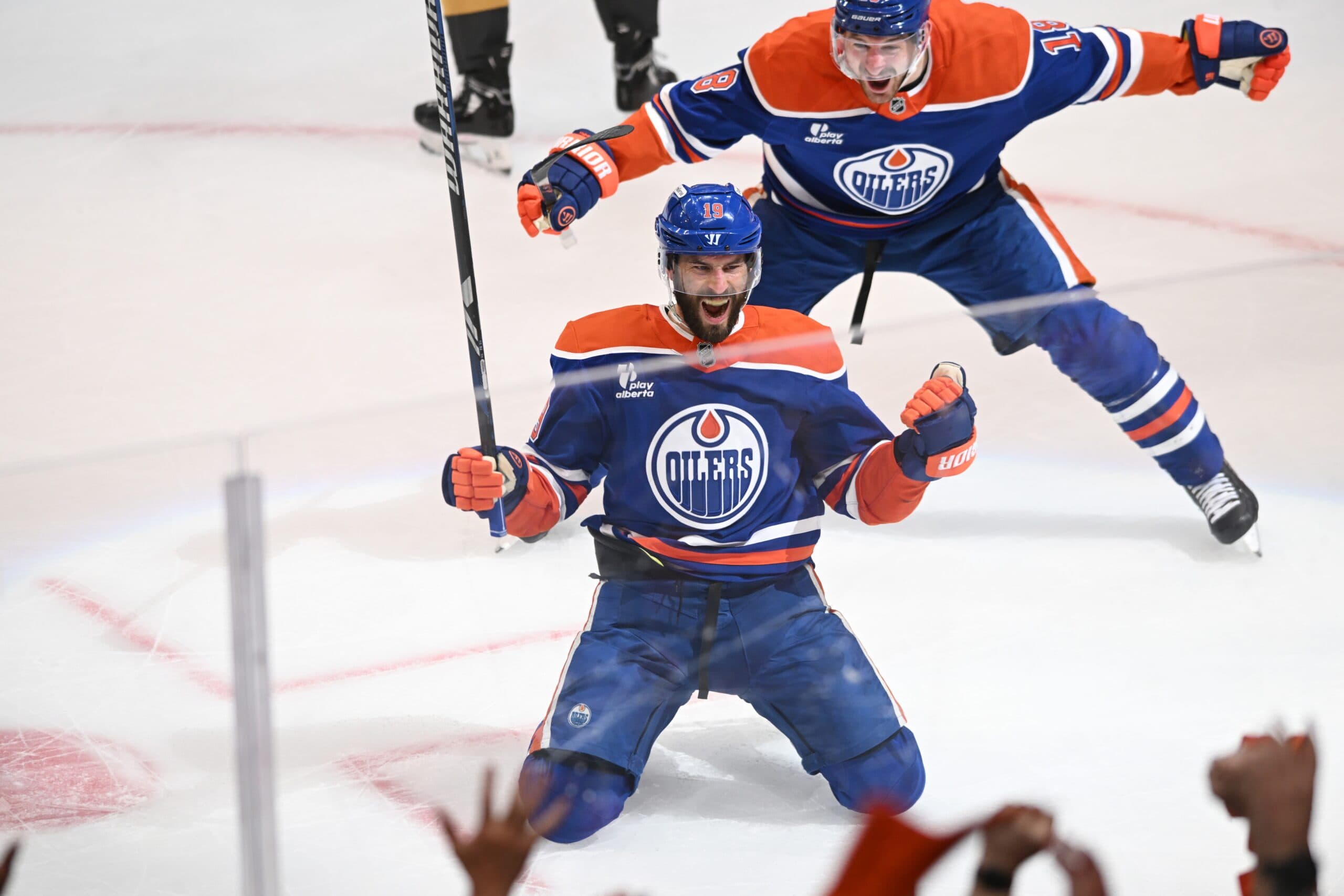 Edmonton Oilers centre Adam Henrique (19) celebrates a goal the first period against the Vegas Golden Knights in game three of the second round of the 2025 Stanley Cup Playoffs at Rogers Place.