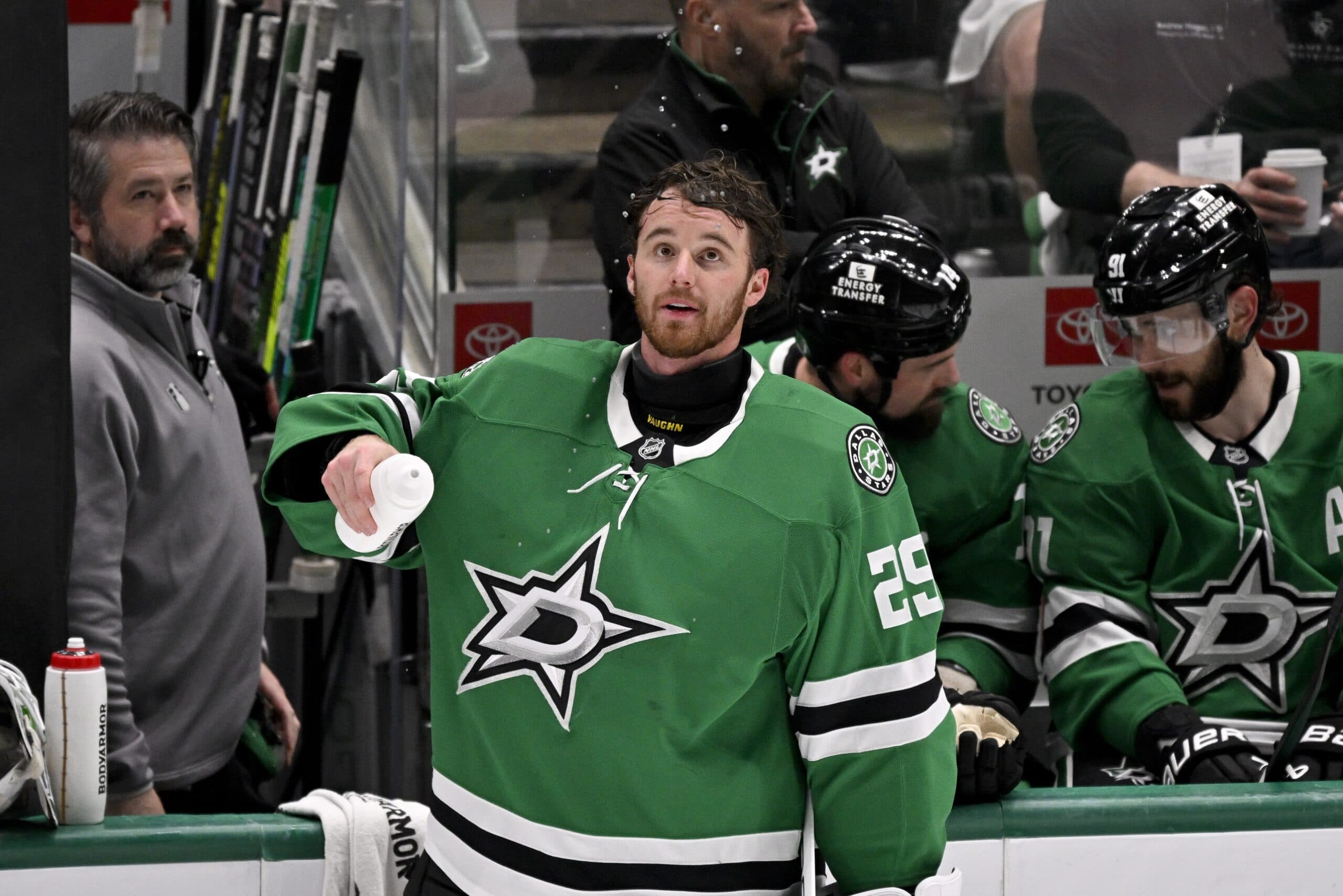 Dallas Stars goaltender Jake Oettinger (29) sprays his water in the air during a stoppage in the first period against the Winnipeg Jets in game six of the second round of the 2025 Stanley Cup Playoffs at American Airlines Center.