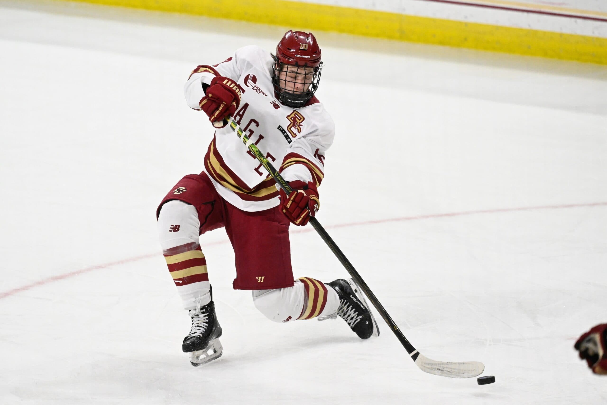 Boston College forward James Hagens (10) shoots the puck against the University of New Hampshire Wildcats during the third period at Conte Forum.