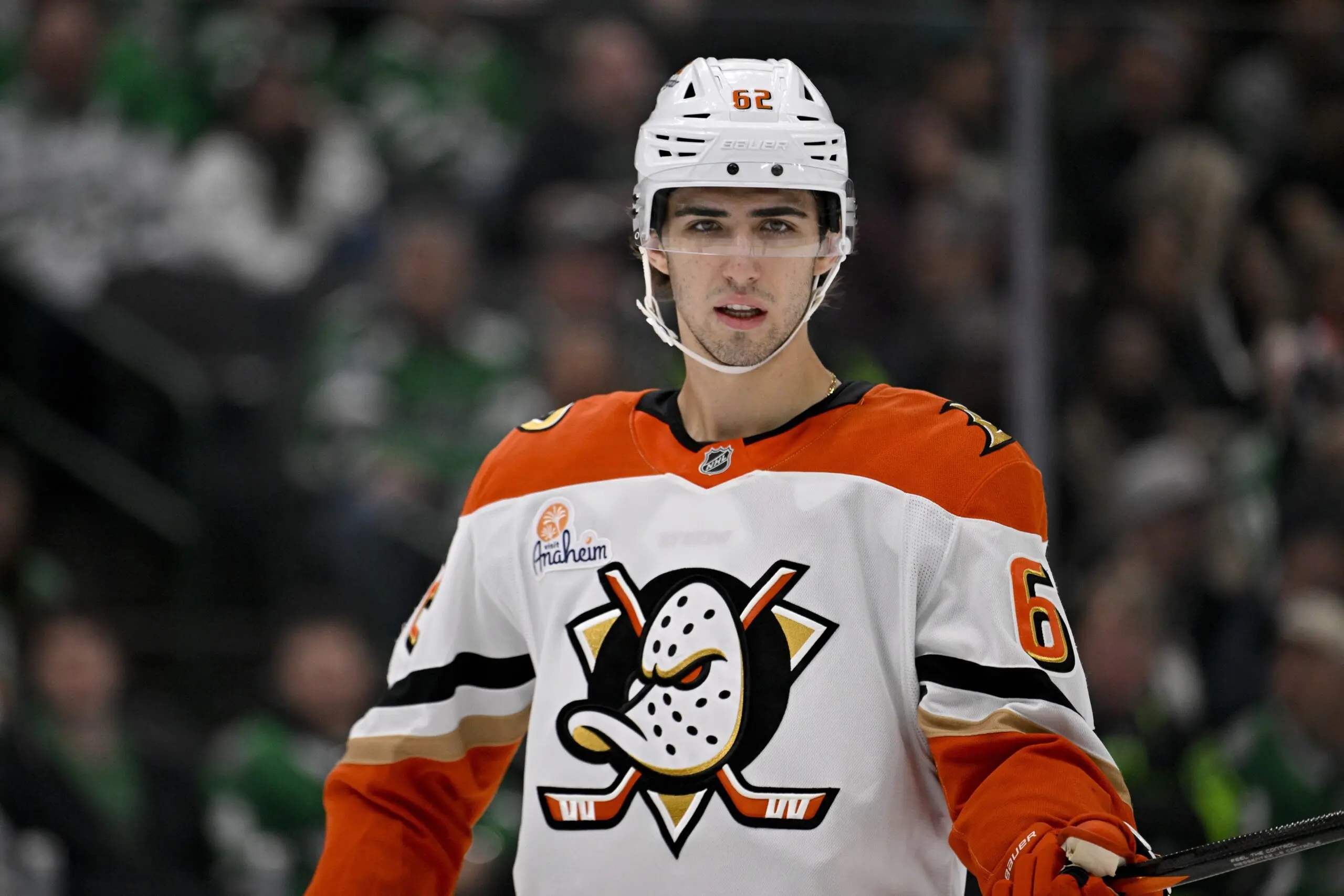 Anaheim Ducks center Nikita Nesterenko (62) during the third period against the Dallas Stars at the American Airlines Center.