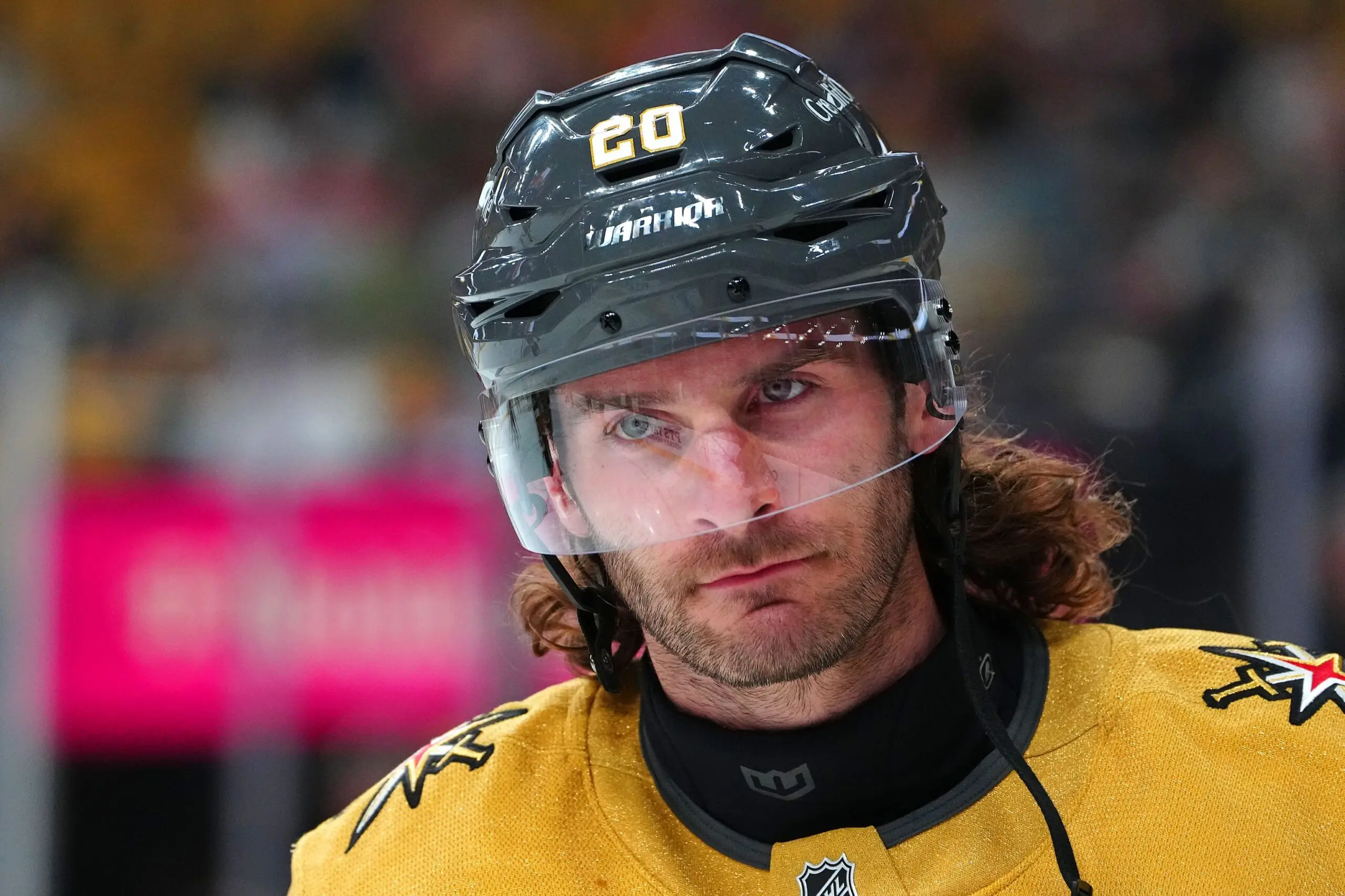 Vegas Golden Knights left wing Brandon Saad (20) warms up before a game against the Edmonton Oilers at T-Mobile Arena.