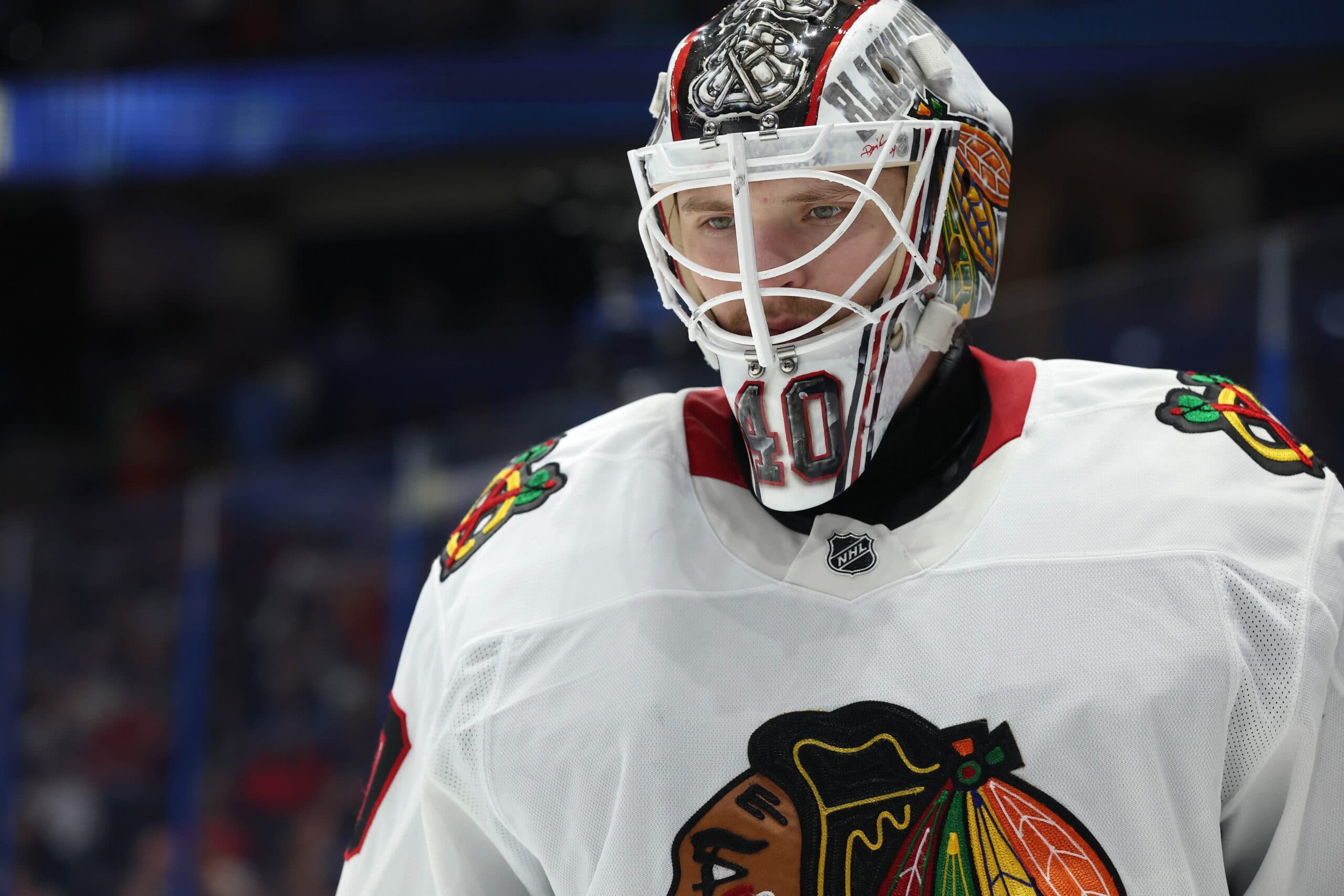 Chicago Blackhawks goaltender Arvid Soderblom (40) against the Tampa Bay Lightning during the third period at Amalie Arena.