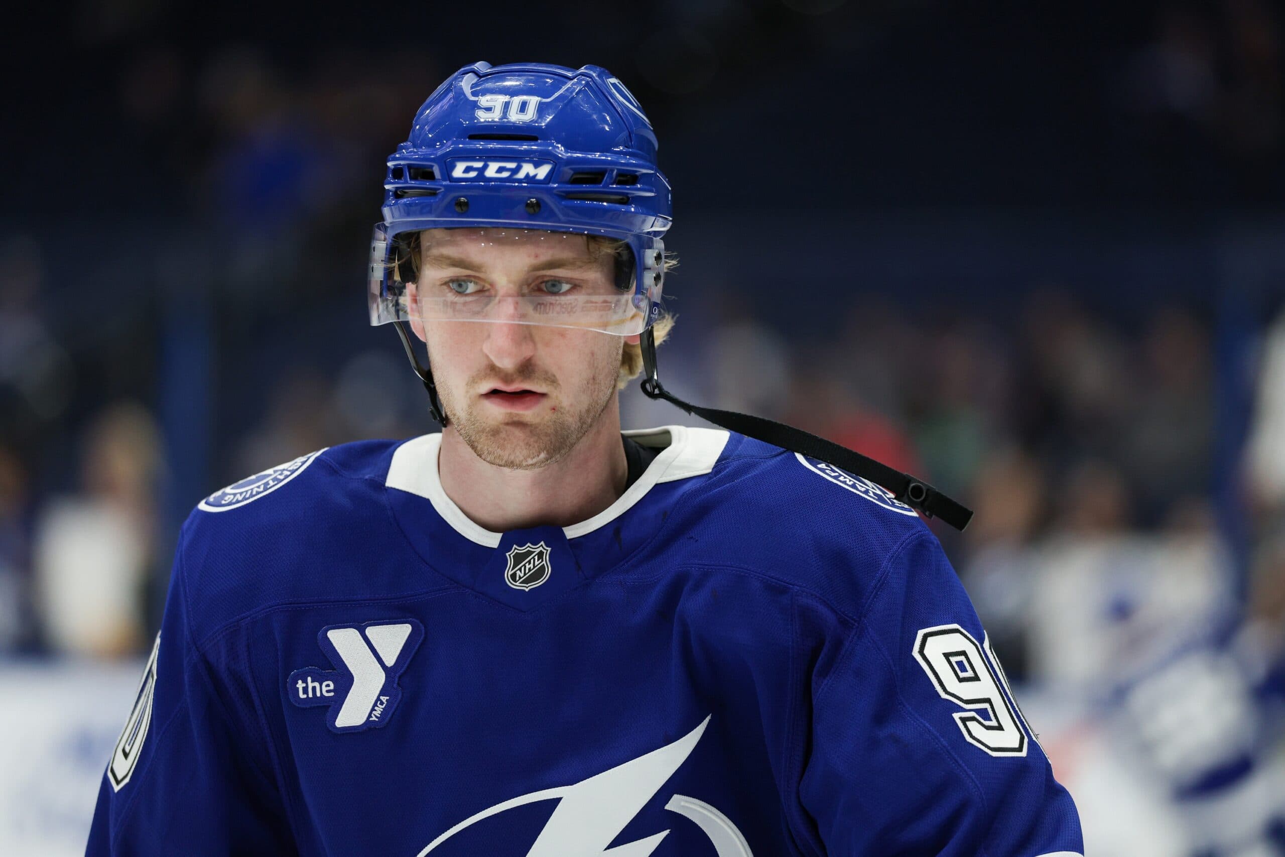 Tampa Bay Lightning defenseman J.J. Moser (90) warms up before a game against the Columbus Blue Jackets at Amalie Arena.