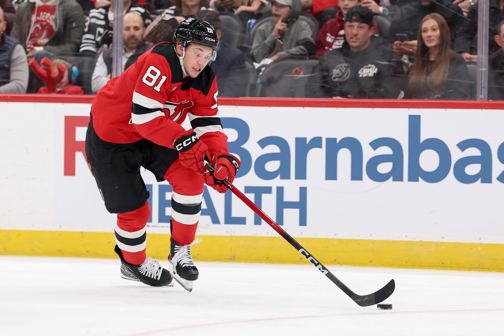 New Jersey Devils right wing Arseny Gritsyuk (81) skates with the puck against the Florida Panthers during the second period at Prudential Center.
