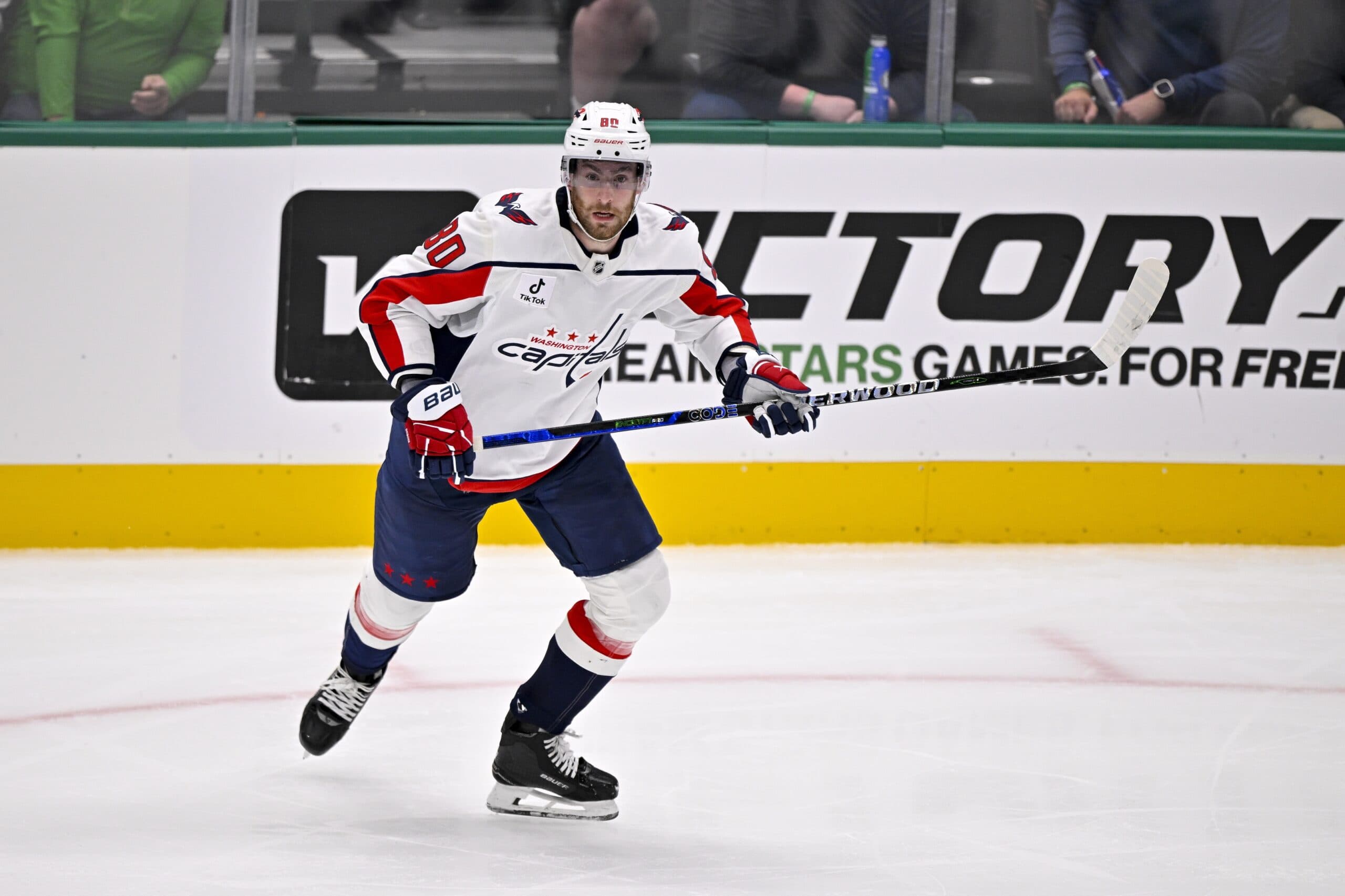 Washington Capitals left wing Pierre-Luc Dubois (80) skates against the Dallas Stars during the game between the Stars and the Capitals at the American Airlines Center.