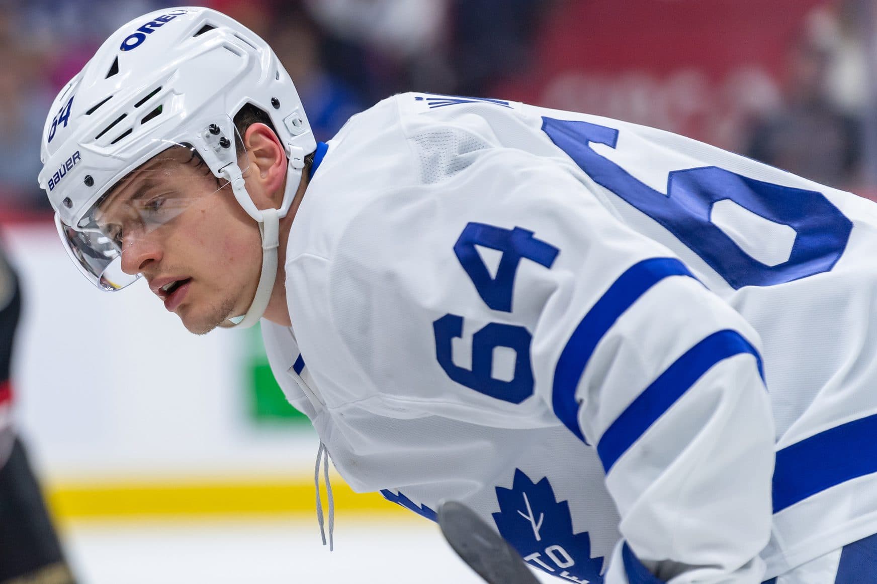Toronto Maple Leafs center David Kampf (64) gets in position for a faceoff against the Ottawa Senators in the first period at the Canadian Tire Centre.