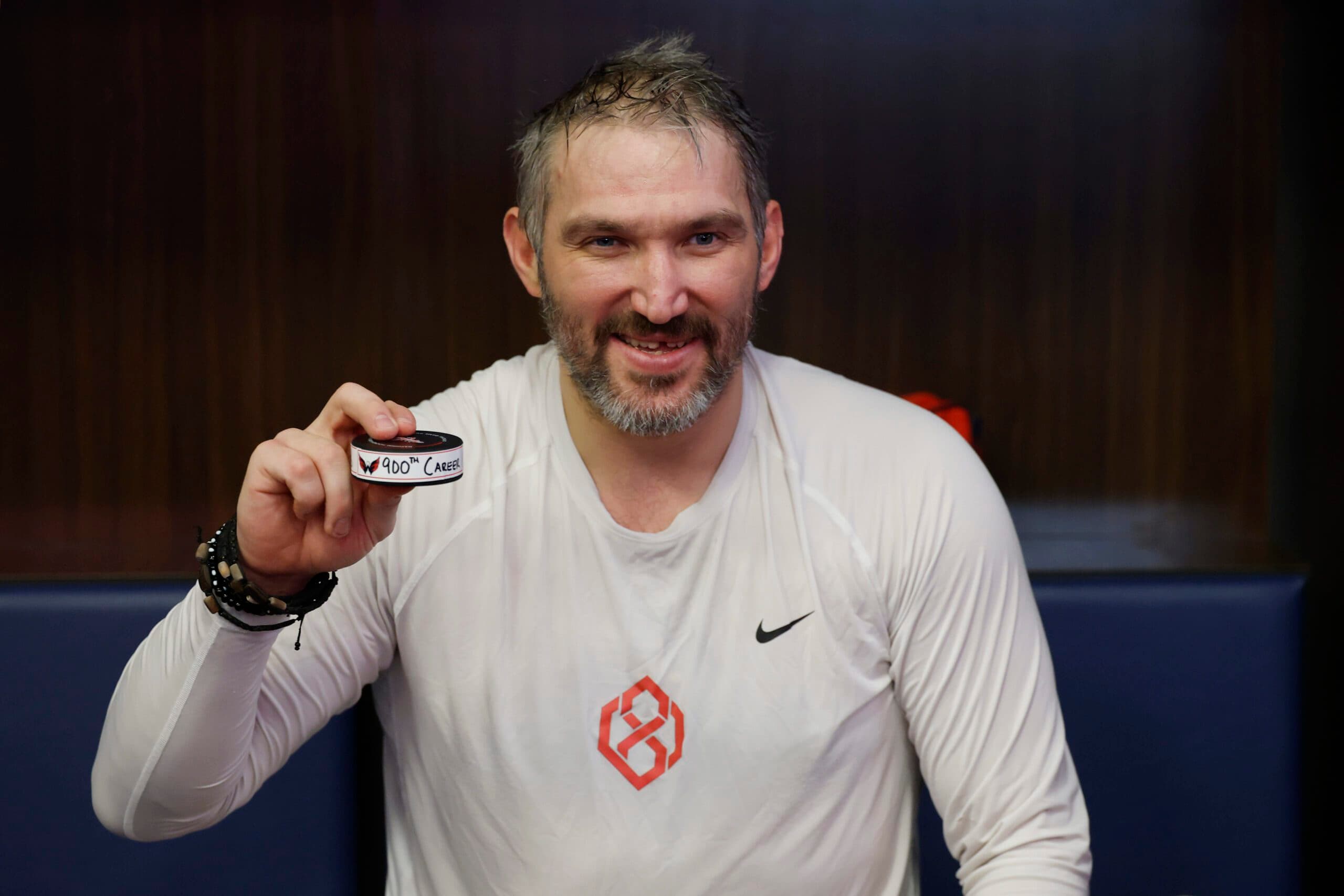 Binnington's clearing attempt was knocked down by Ovechkin, leading to the milestone moment.