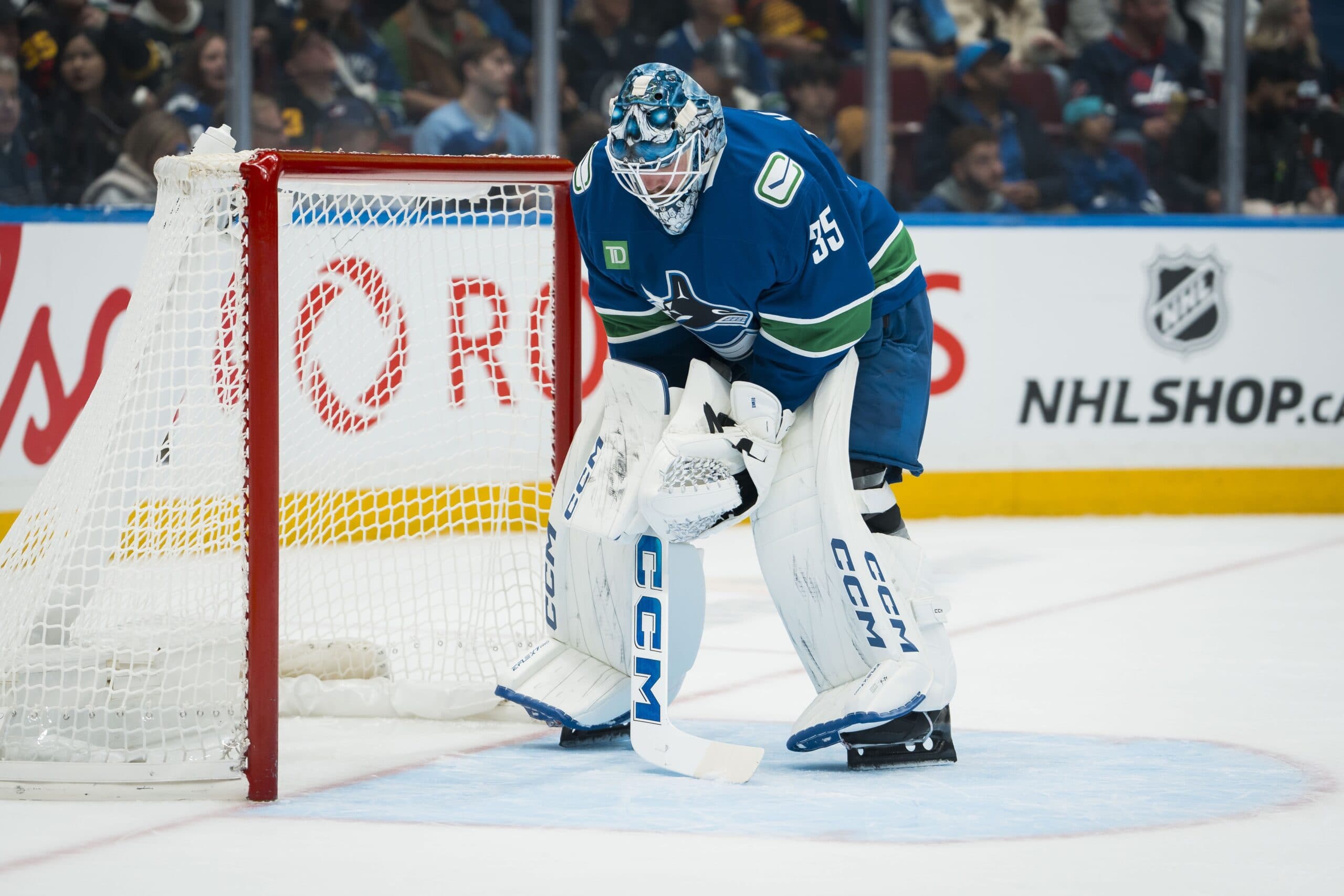 Vancouver Canucks goalie Thatcher Demko (35) during a stop in play against the Winnipeg Jets in the first period at Rogers Arena.