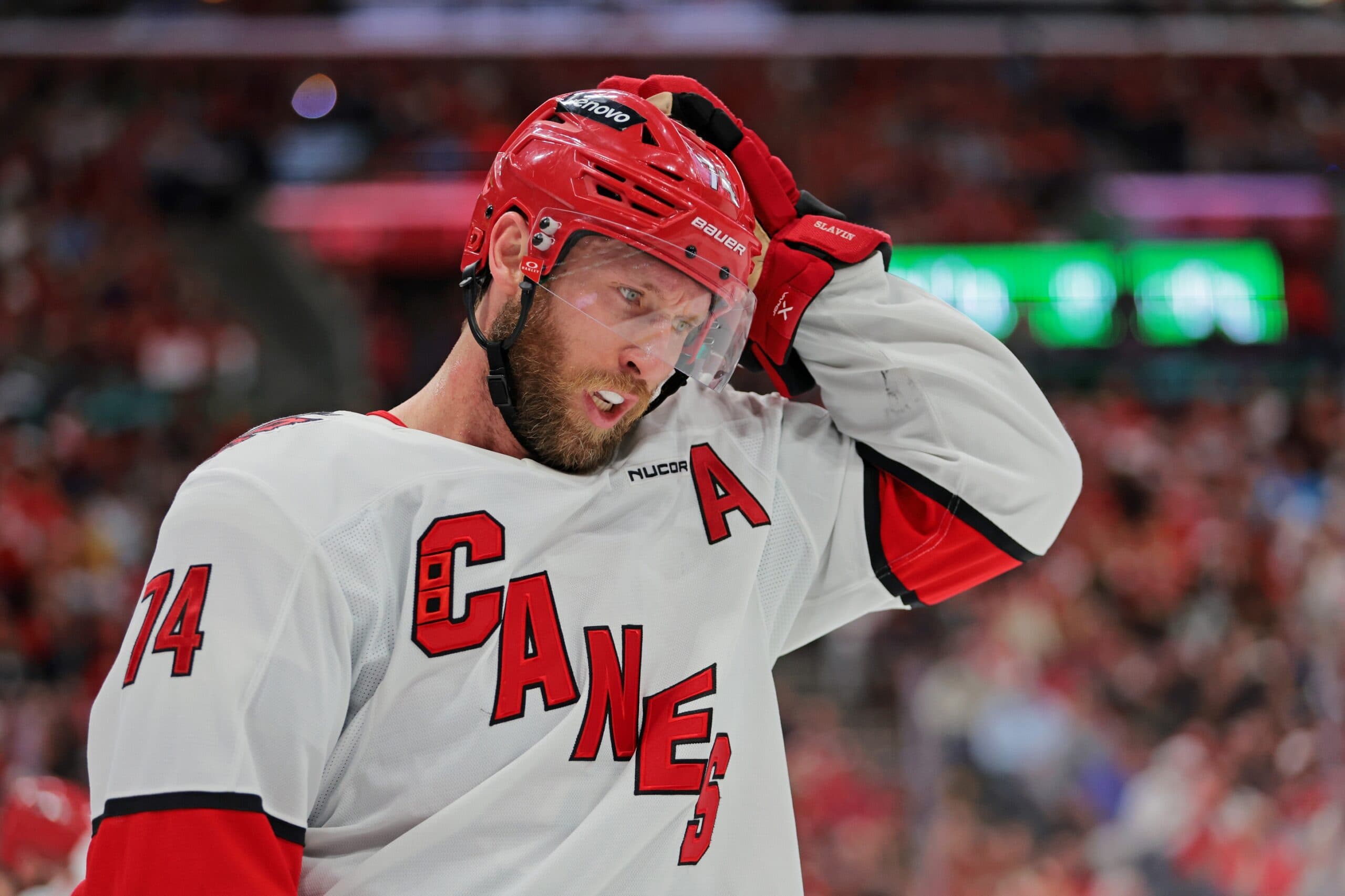 Carolina Hurricanes defenseman Jaccob Slavin (74) reacts after a play during the second period against the Florida Panthers in game four of the Eastern Conference Final of the 2025 Stanley Cup Playoffs at Amerant Bank Arena.