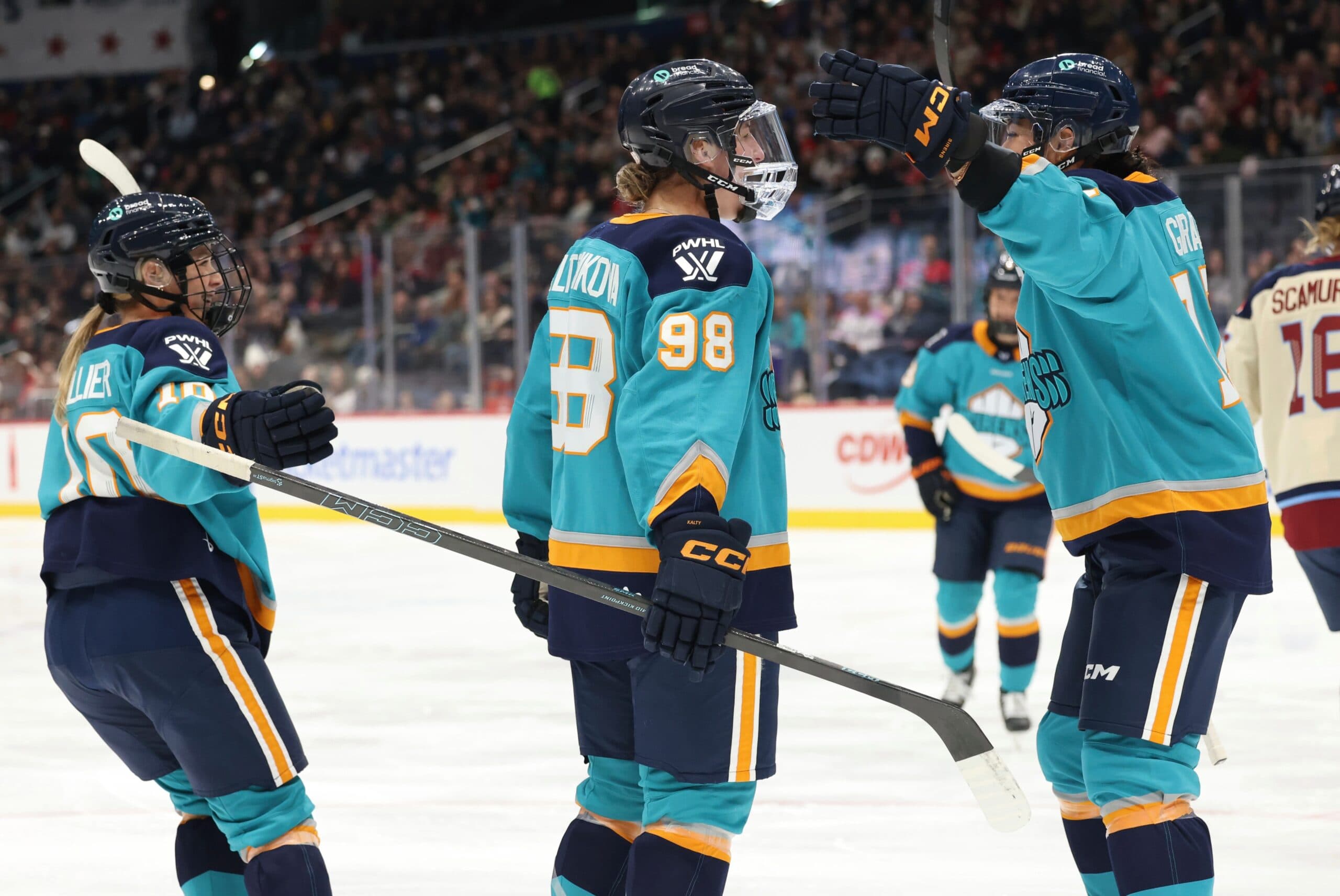 New York Sirens forwards Sarah Fillier, Kristyna Kaltounkova, Taylor Girard