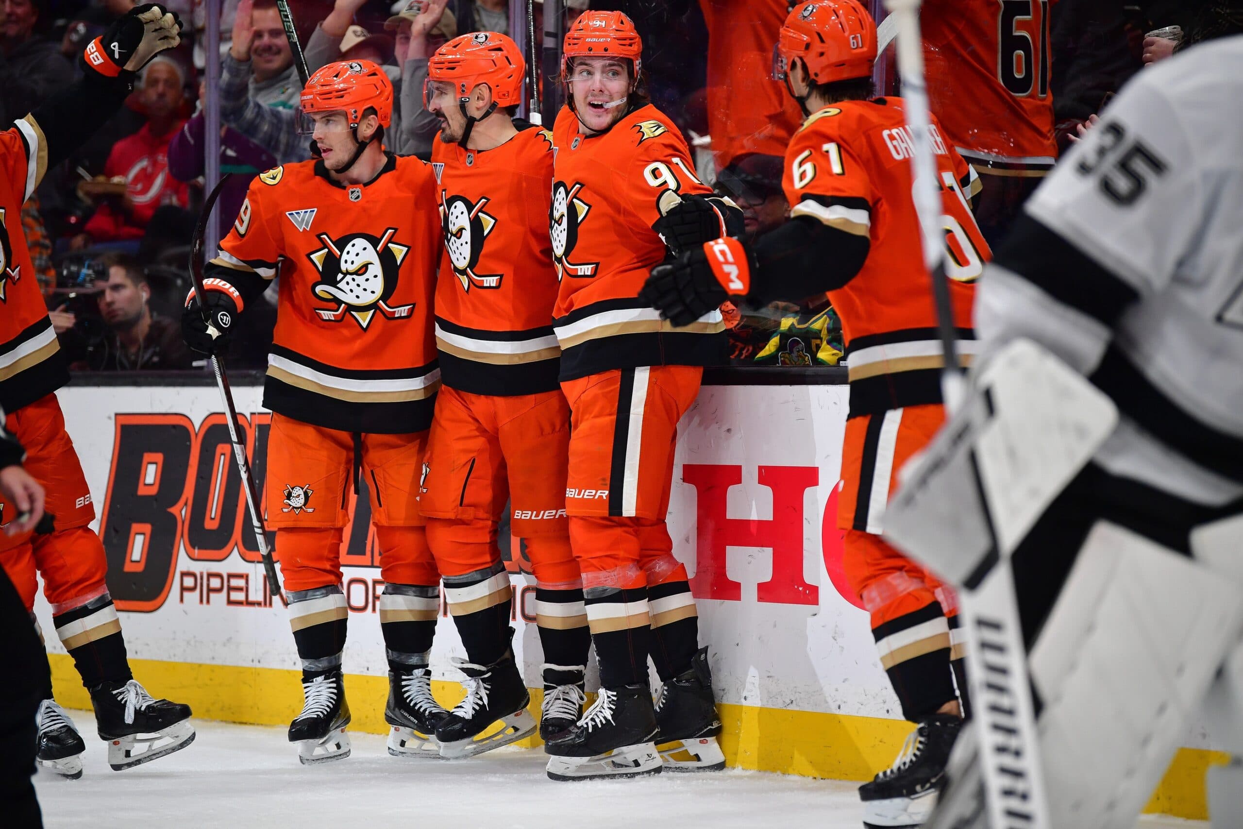 Anaheim Ducks left wing Chris Kreider (20) celebrates his goal scored against the Los Angeles Kings with Anaheim Ducks right wing Troy Terry (19) left wing Cutter Gauthier (61) and center Leo Carlsson (91) during the second period at Honda Center.