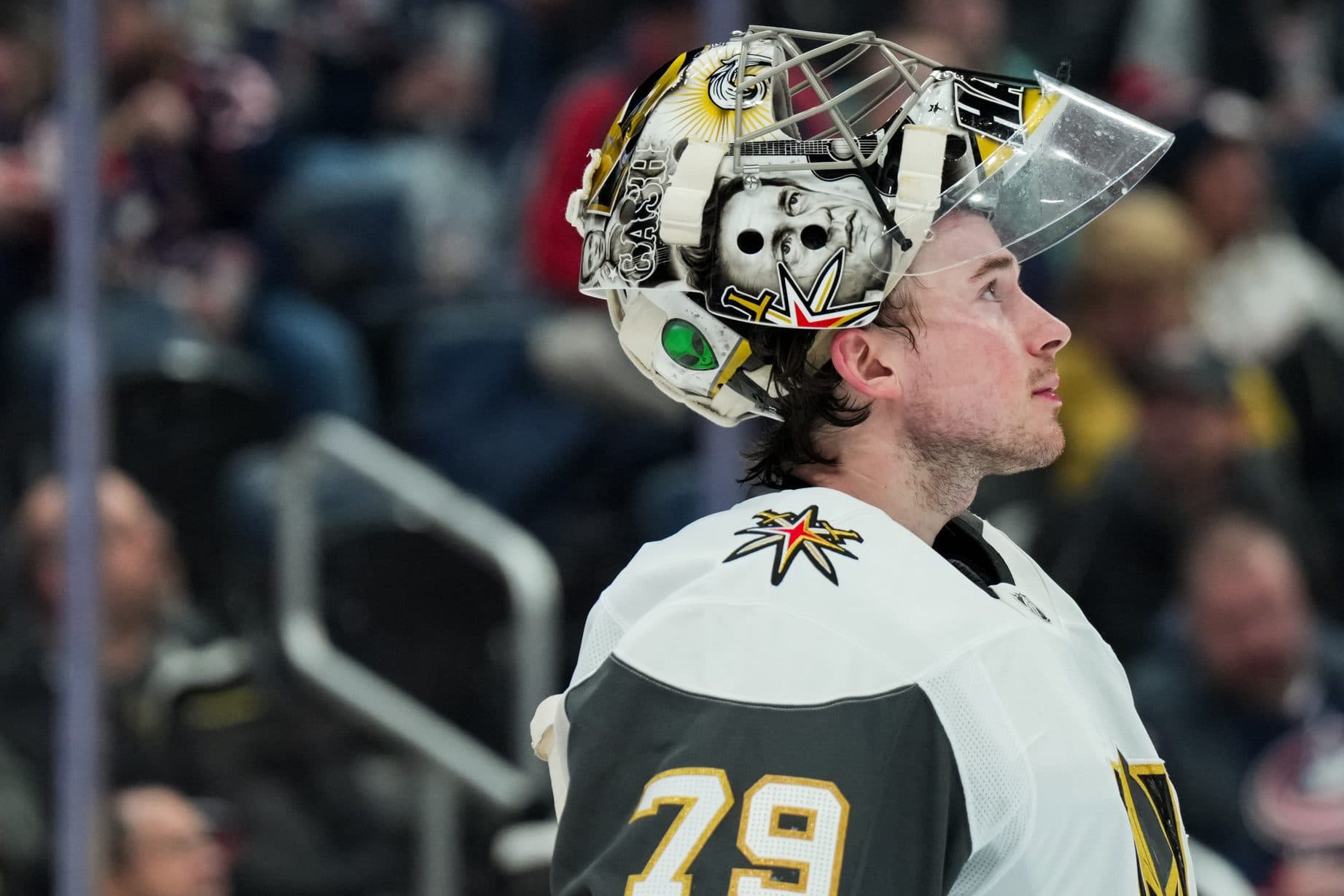 Vegas Golden Knights goaltender Carter Hart (79) stands on the ice during a stop in play against the Columbus Blue Jackets in the second period at Nationwide Arena.