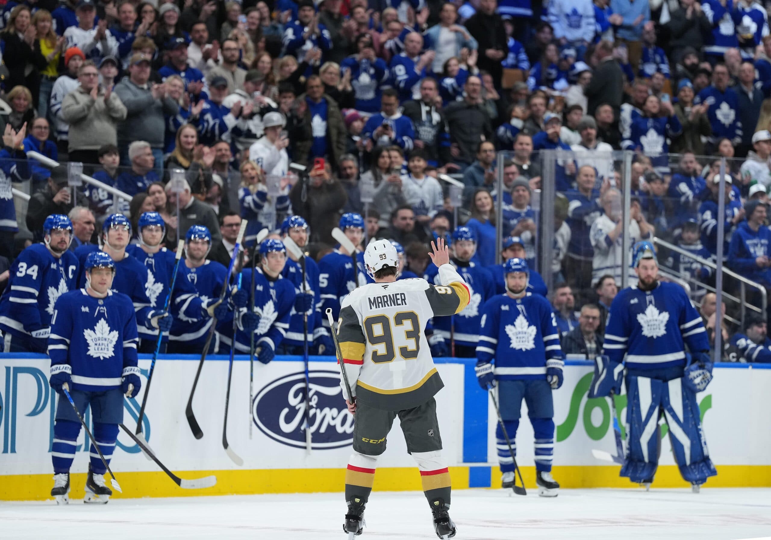 Vegas Golden Knights right wing Mitch Marner (93) acknowledges the crowd after a video board tribute during a TV timeout against the Toronto Maple Leafs in the first period at Scotiabank Arena.