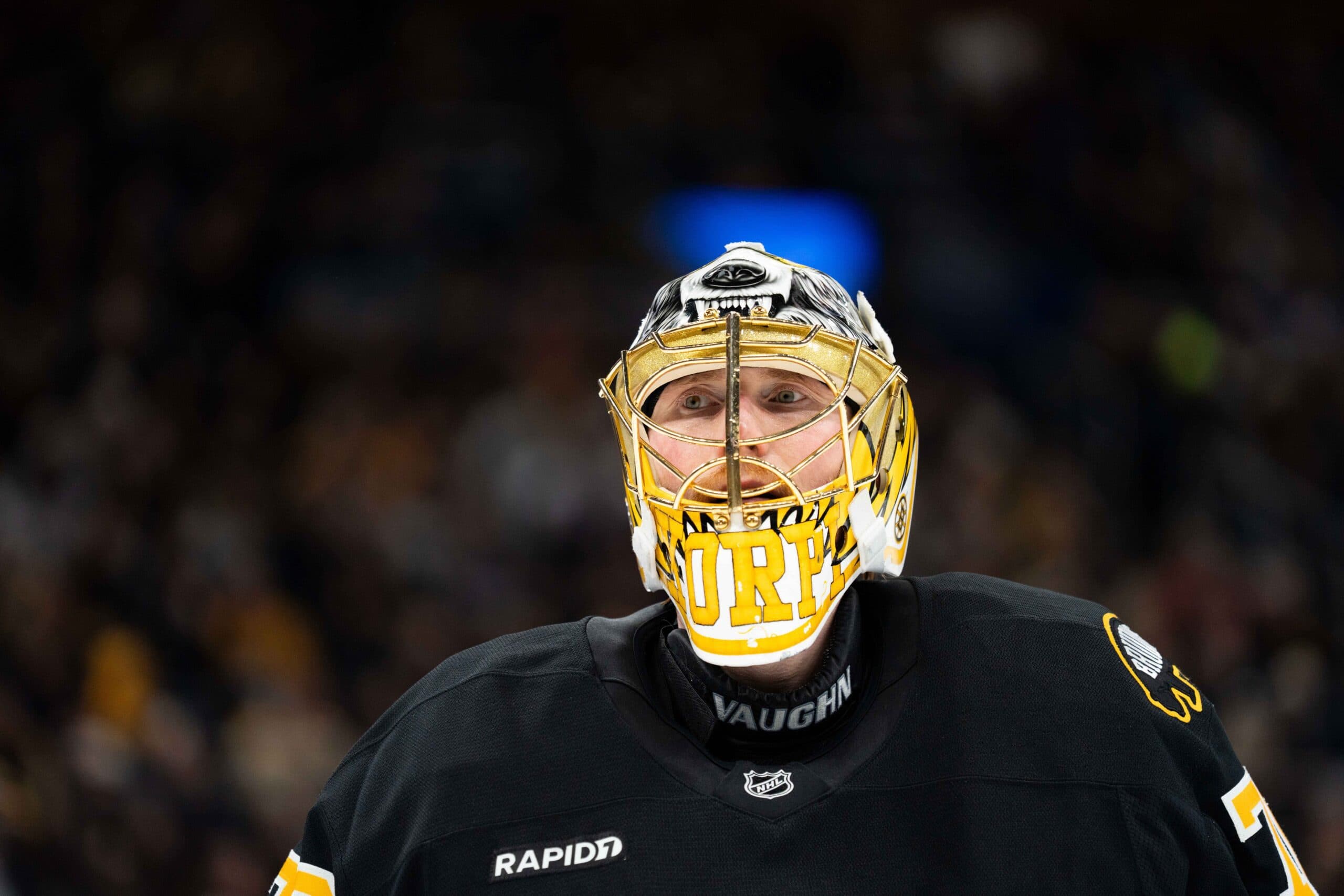 Boston Bruins goaltender Joonas Korpisalo (70) during the second period of the game against the Pittsburgh Penguins at TD Garden.