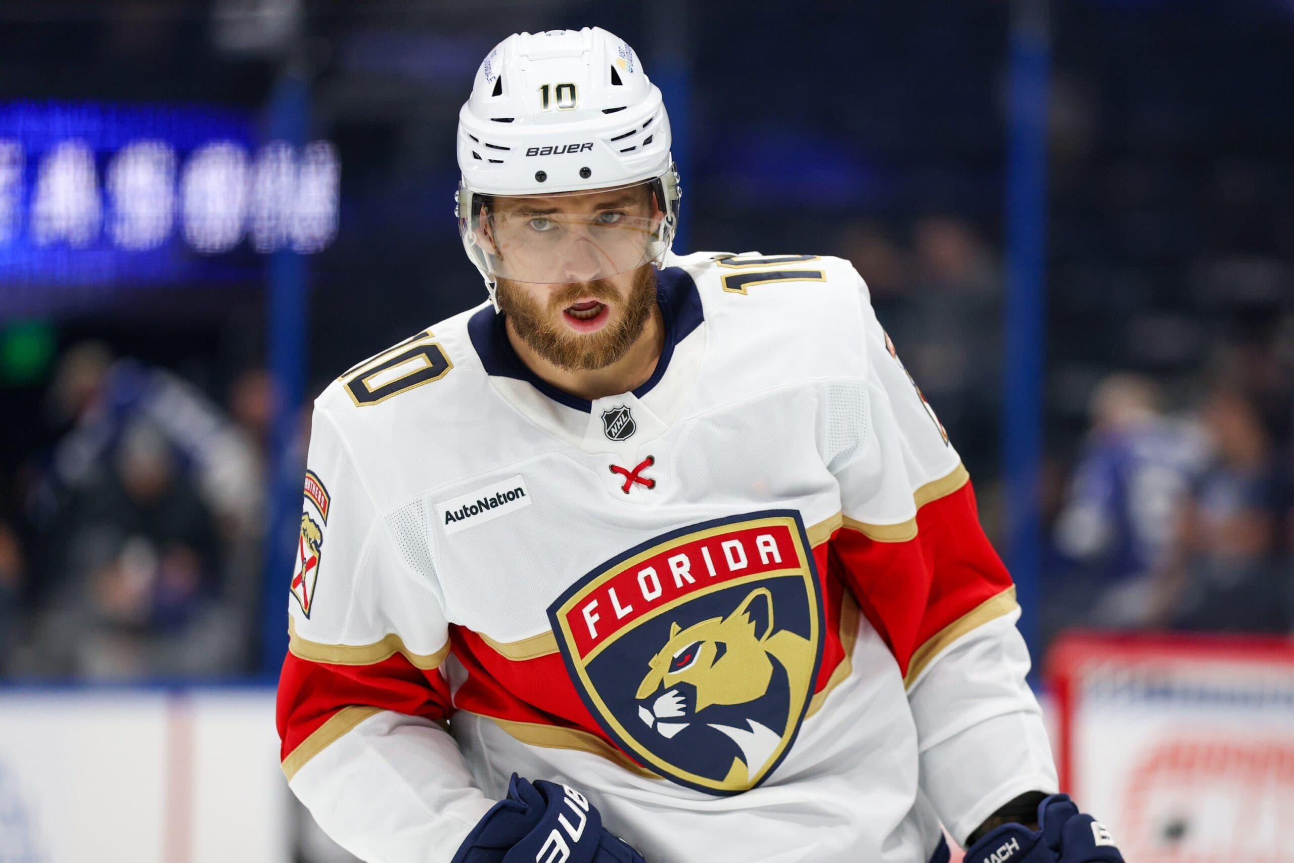 Florida Panthers left wing A.J. Greer (10) warms up before a game against the Tampa Bay Lightning at Benchmark International Arena.
