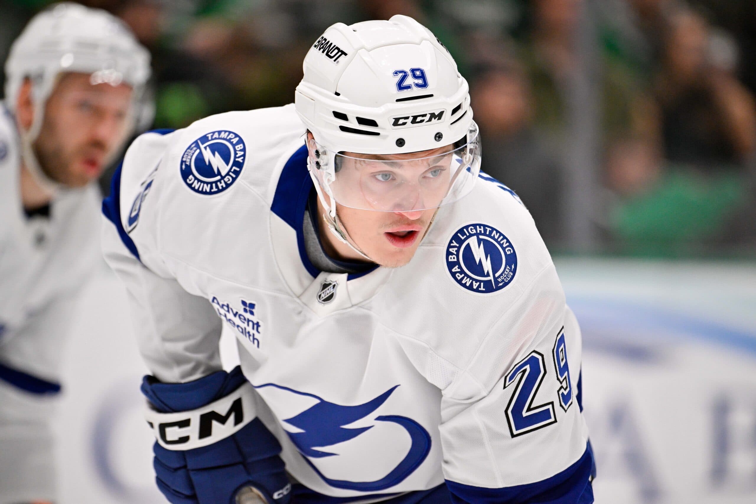Tampa Bay Lightning right wing Pontus Holmberg (29) looks on during the game against the Dallas Stars at the American Airlines Center.