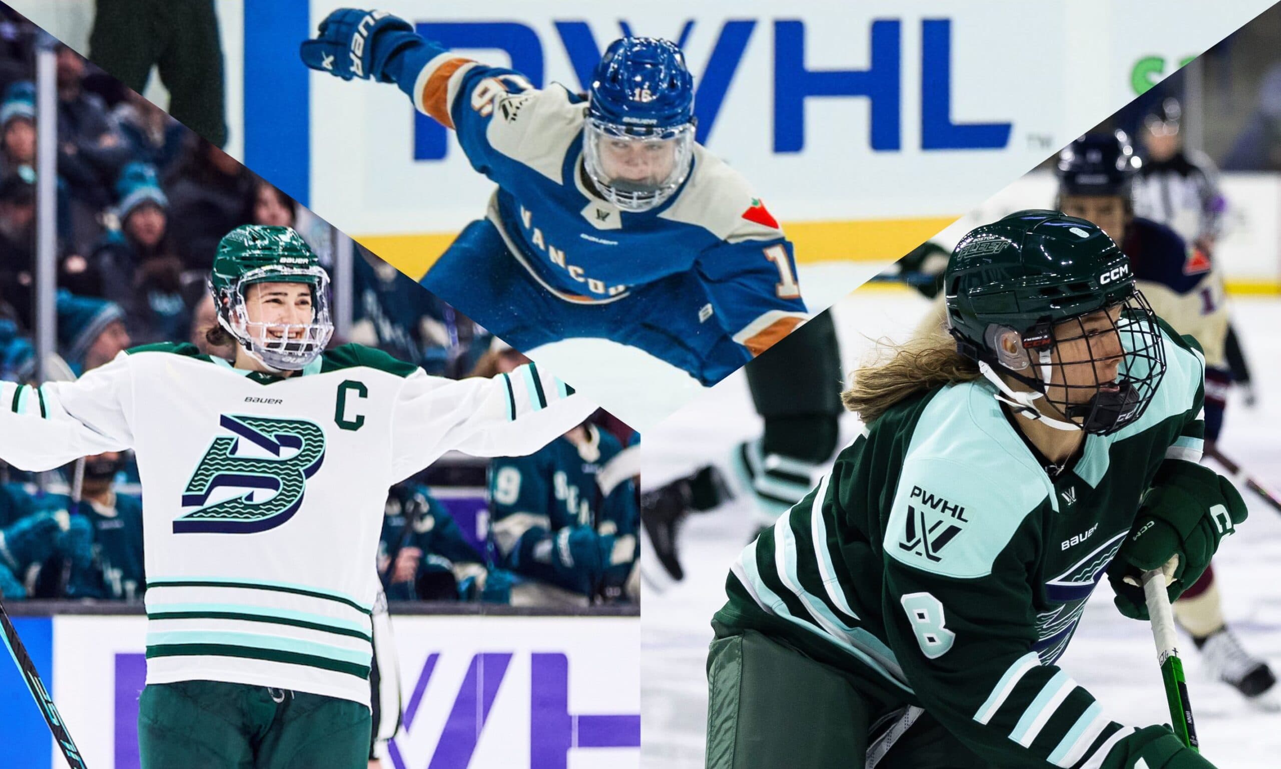 Boston Fleet defenders Megan Keller, Haley Winn, Vancouver Goldeneyes defender Sophie Jaques