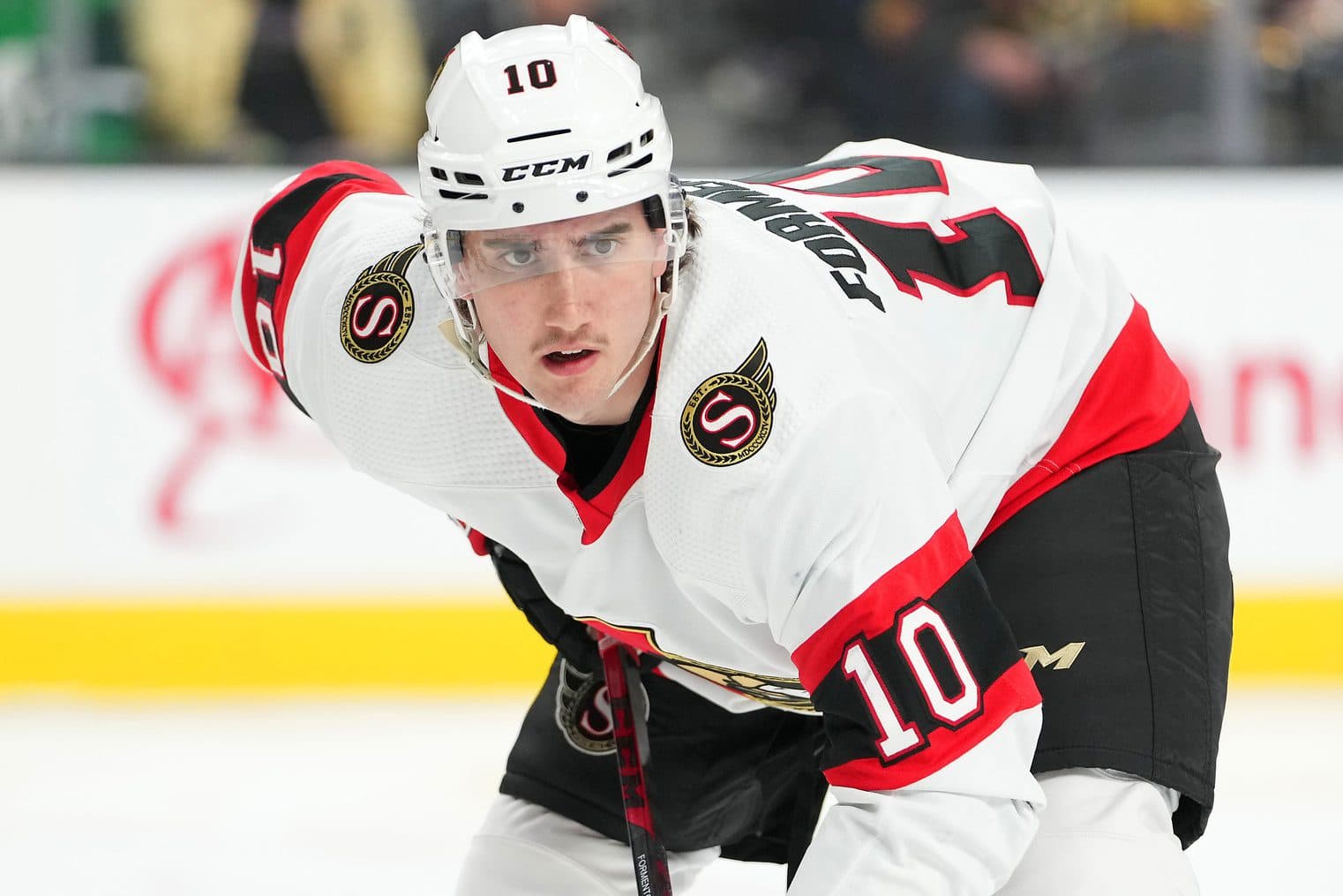 Ottawa Senators left wing Alex Formenton (10) is pictured during a face off against the Vegas Golden Knights in the first period at T-Mobile Arena.