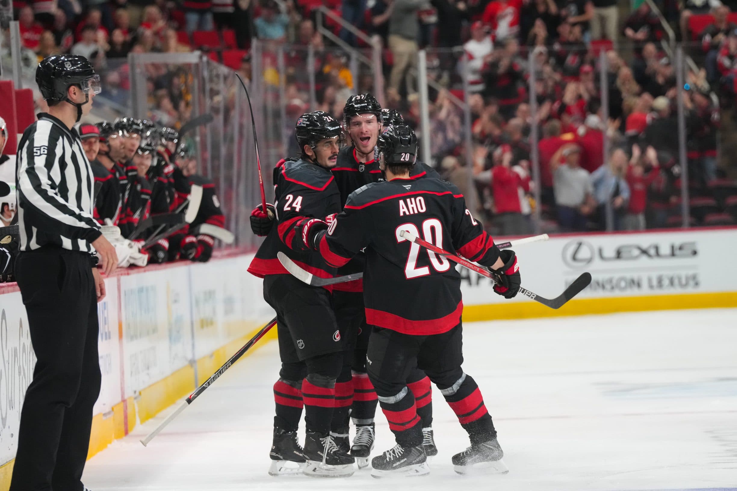 Seth Jarvis, Andrei Svechnikov and Sebastian Aho