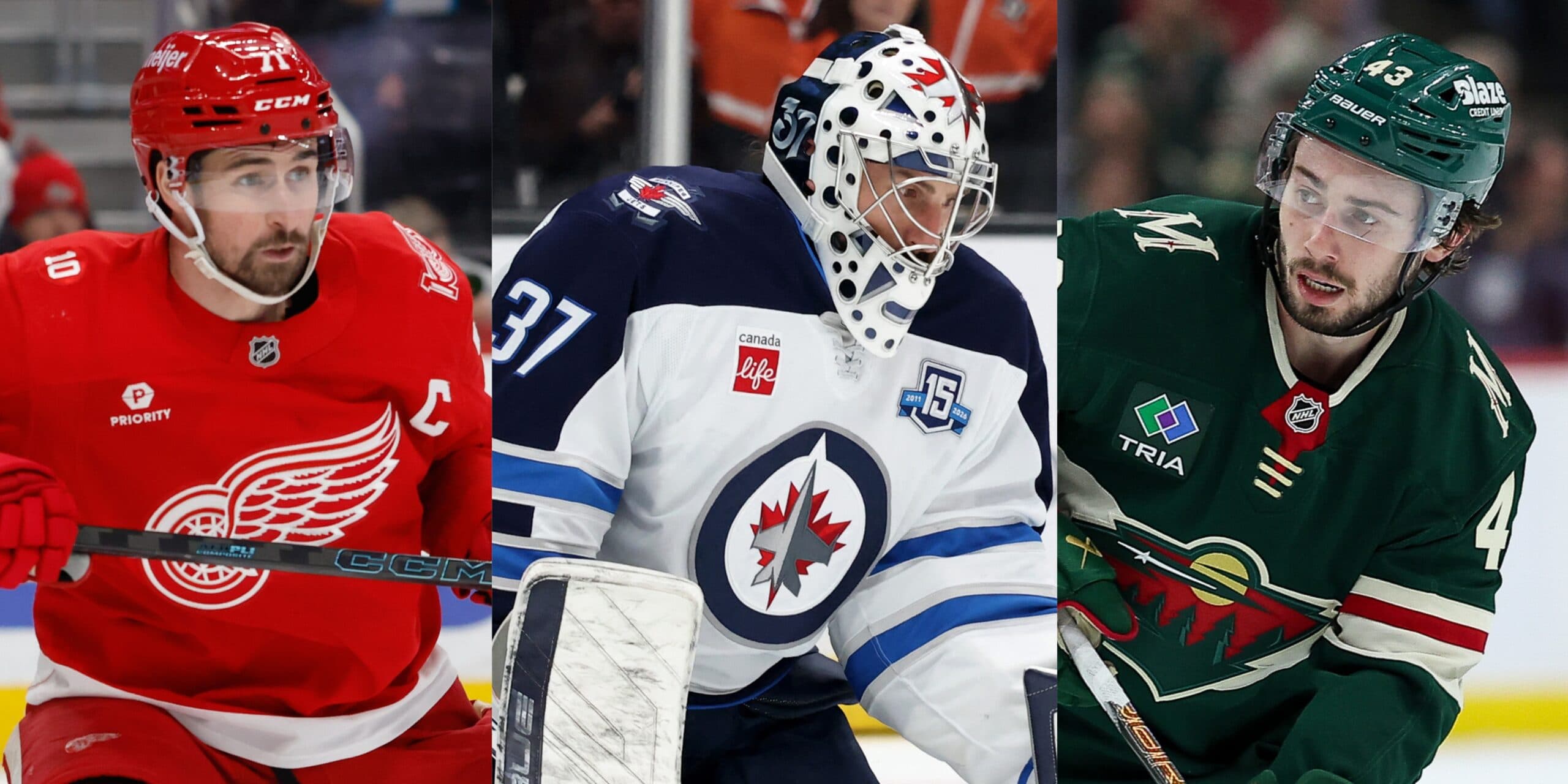 Dylan Larkin, Connor Hellebuyck and Quinn Hughes