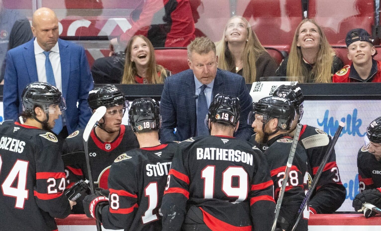Member of the coaching staff Daniel Alfredsson speaks to his team on the ice during a timeout in the third period between the Ottawa Senators and the Carolina Hurricanes in game four of the first round of the 2026 Stanley Cup Playoffs at the Canadian Tire Centre.