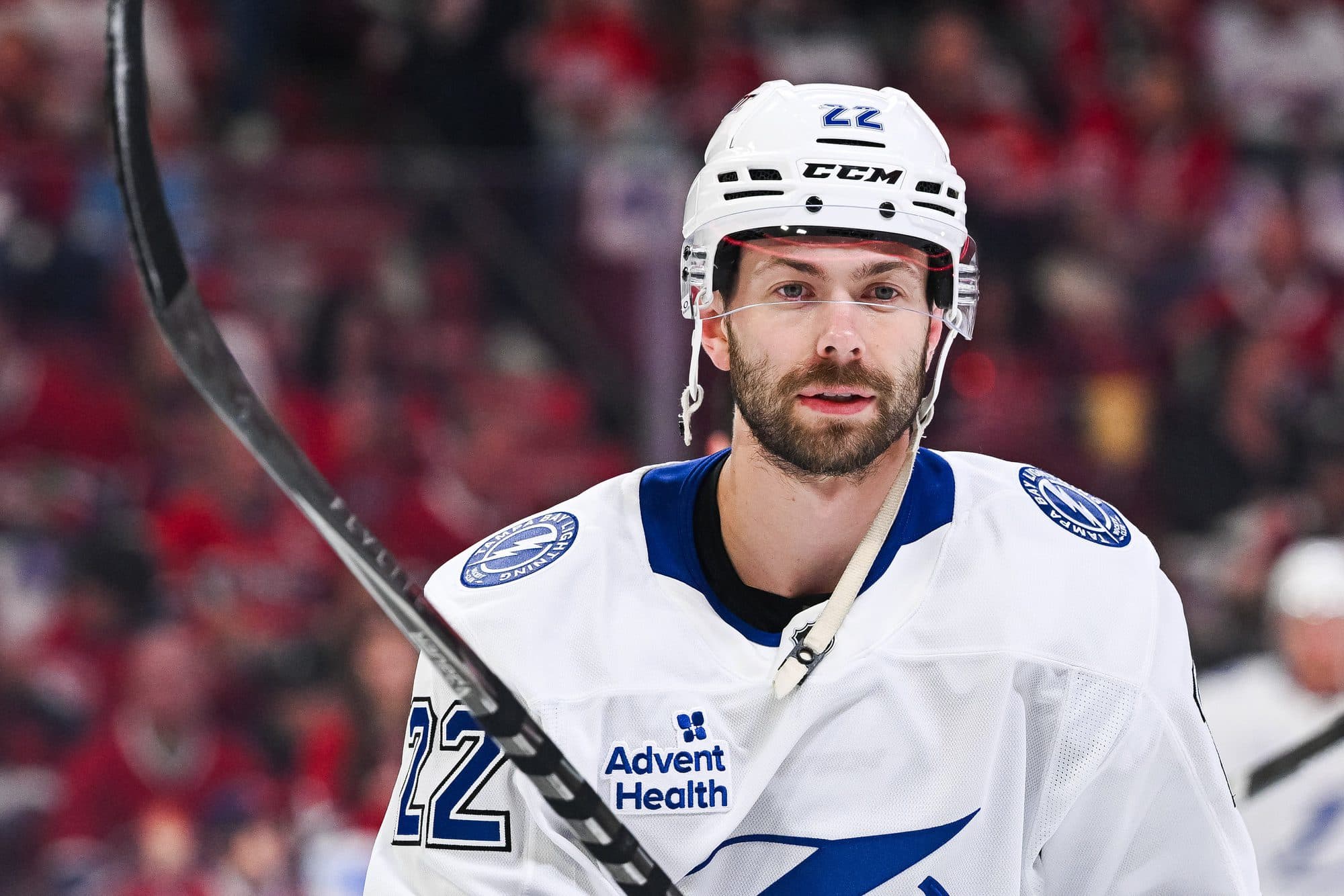 Tampa Bay Lightning right wing Oliver Bjorkstrand (22) looks on during warm-up before the game against the Montreal Canadiens in game four of the first round of the 2026 Stanley Cup Playoffs at Bell C...