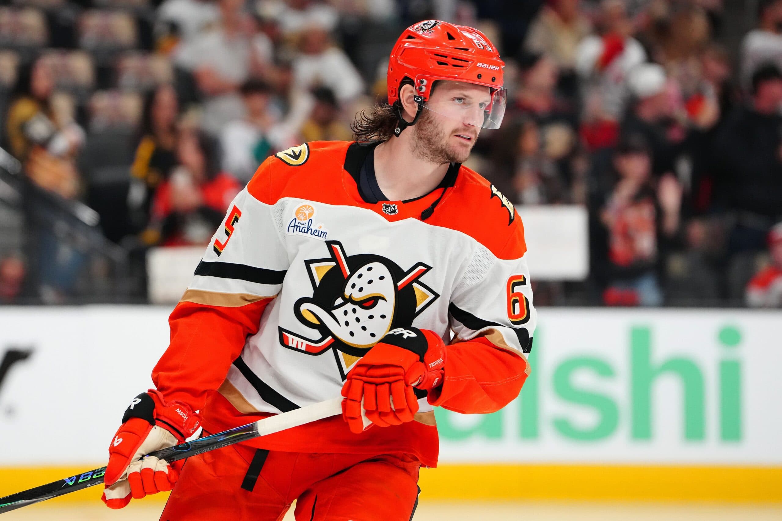 Anaheim Ducks defenseman Jacob Trouba (65) warms up before the start of game two against the Vegas Golden Knights in the second round of the 2026 Stanley Cup Playoffs at T-Mobile Arena.