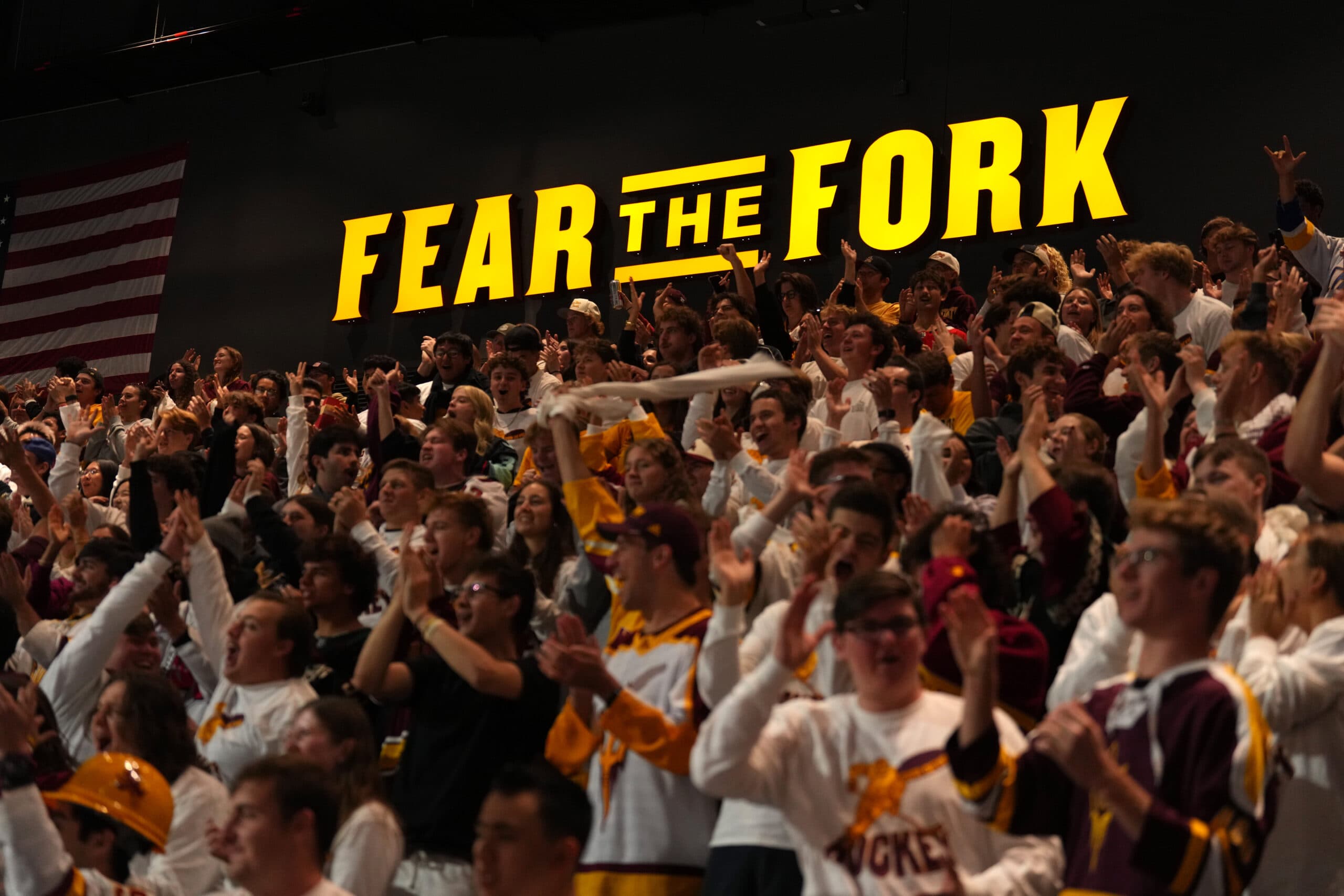 Oct 3, 2025; Tempe, AZ, USA; Arizona State fans look on against the Penn State during the second period at Mullett Arena.
