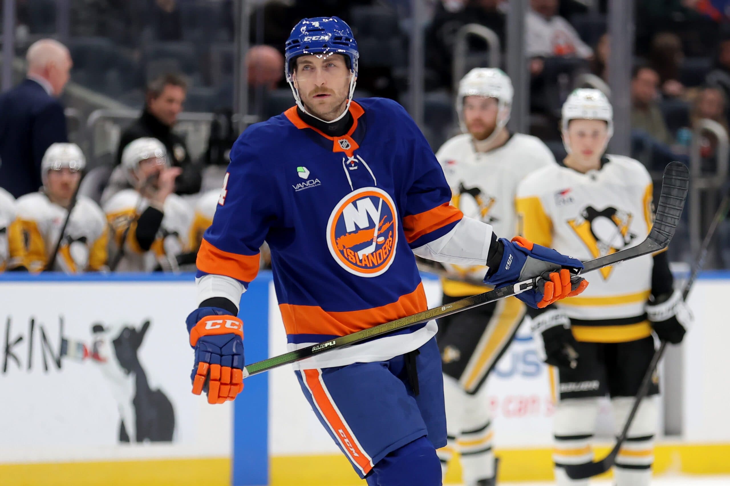 New York Islanders defenseman Carson Soucy (4) skates against the Pittsburgh Penguins during the third period at UBS Arena.