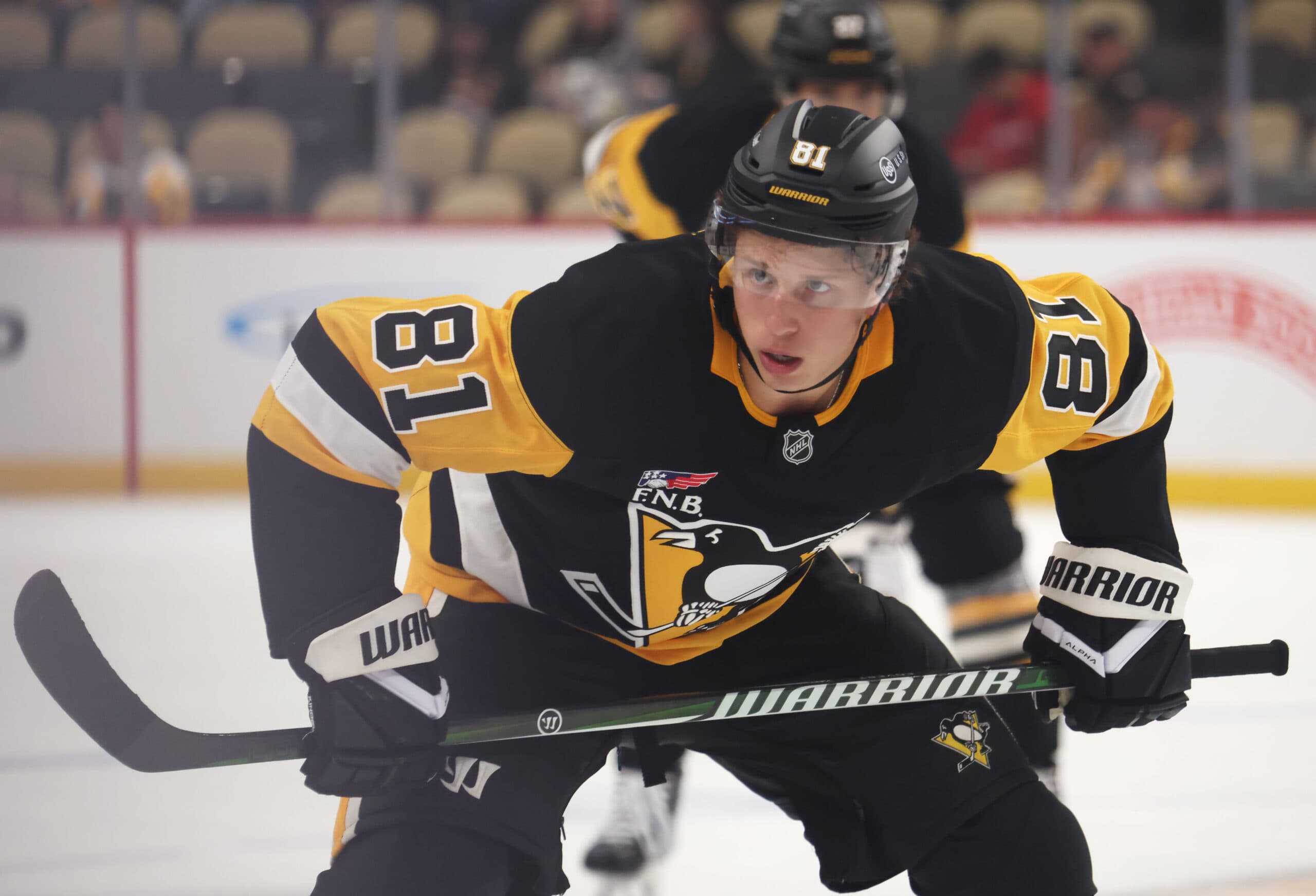 Pittsburgh Penguins center Ben Kindel (81) prepares to take a face-off against the Buffalo Sabres during the first period at PPG Paints Arena.
