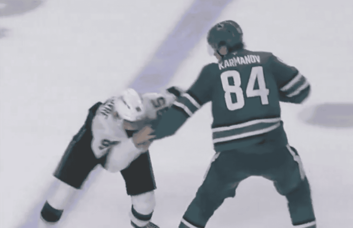 WATCH: 7-foot-1 Sharks prospect Alexander Karmanov gets into first fight during NHL rookie tournament game