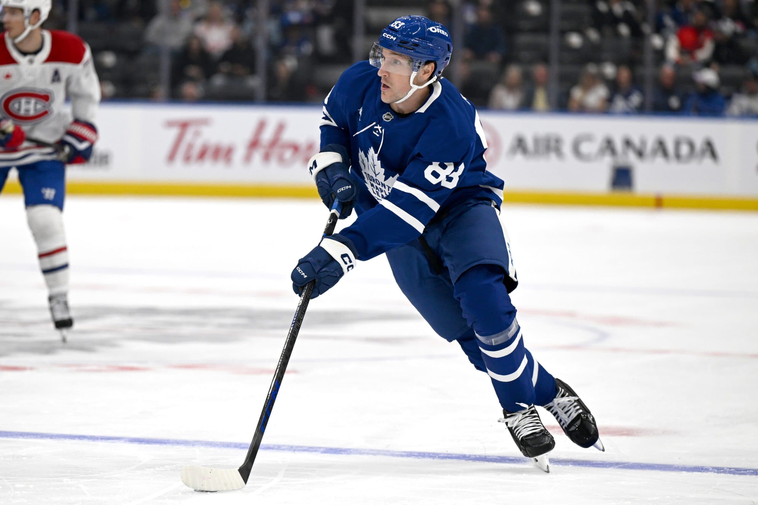 Toronto Maple Leafs defenseman Marshall Rifai (83) skates the puck into the Montreal Canadiens zone in the first period at Scotiabank Arena.