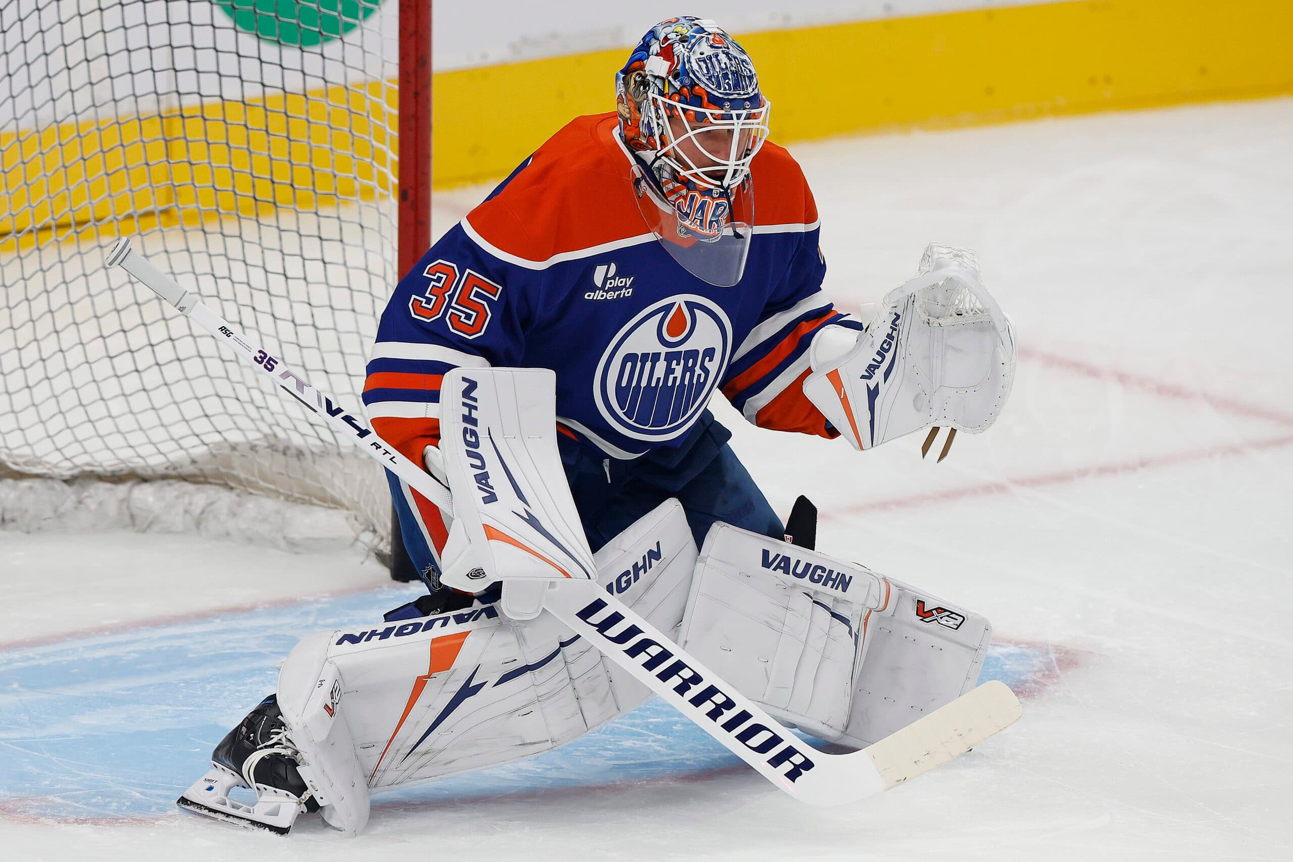 Edmonton Oilers goaltender Tristan Jarry (35) skates during warmup against the Winnipeg Jets at Rogers Place.