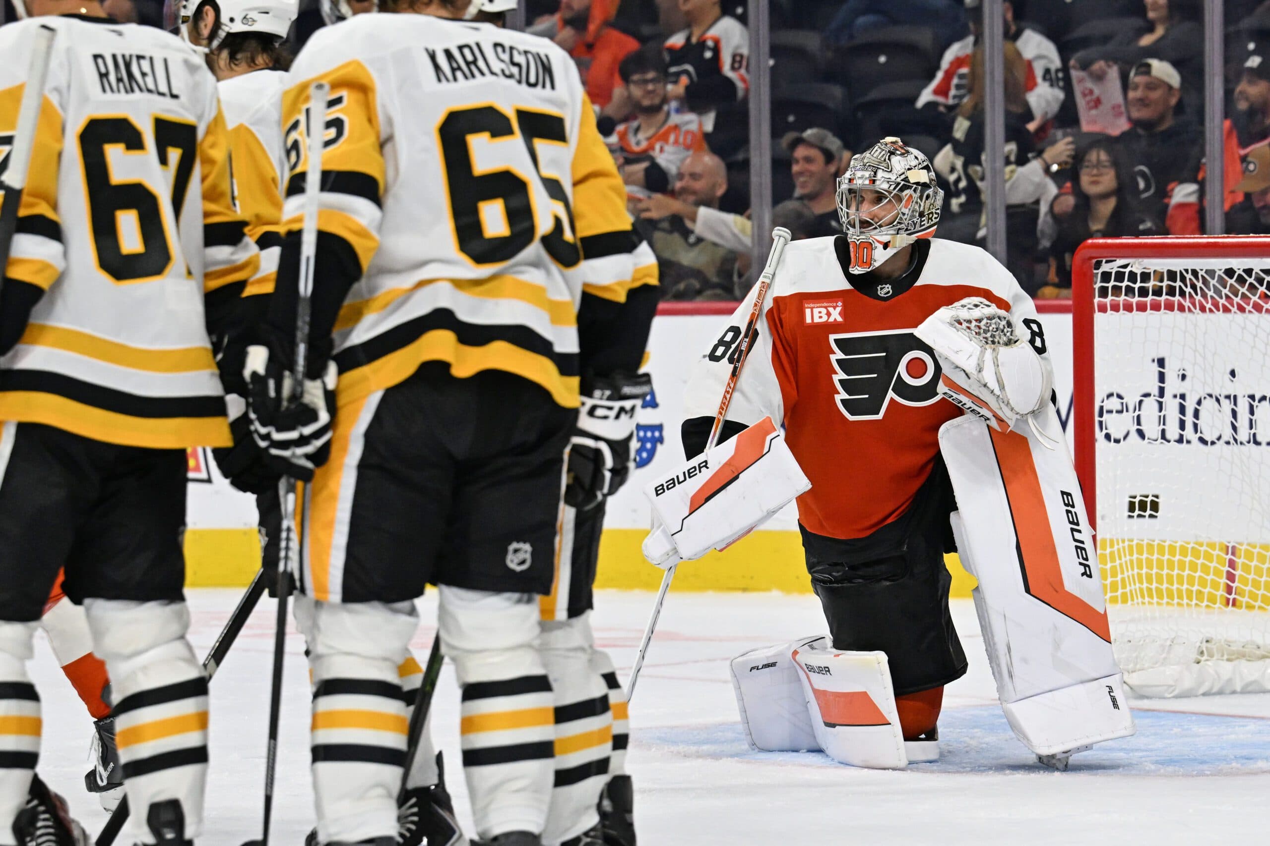 Philadelphia Flyers goaltender Dan Vladar (80) reacts after allowing a goal against the Pittsburgh Penguins during the third period at Xfinity Mobile Arena.