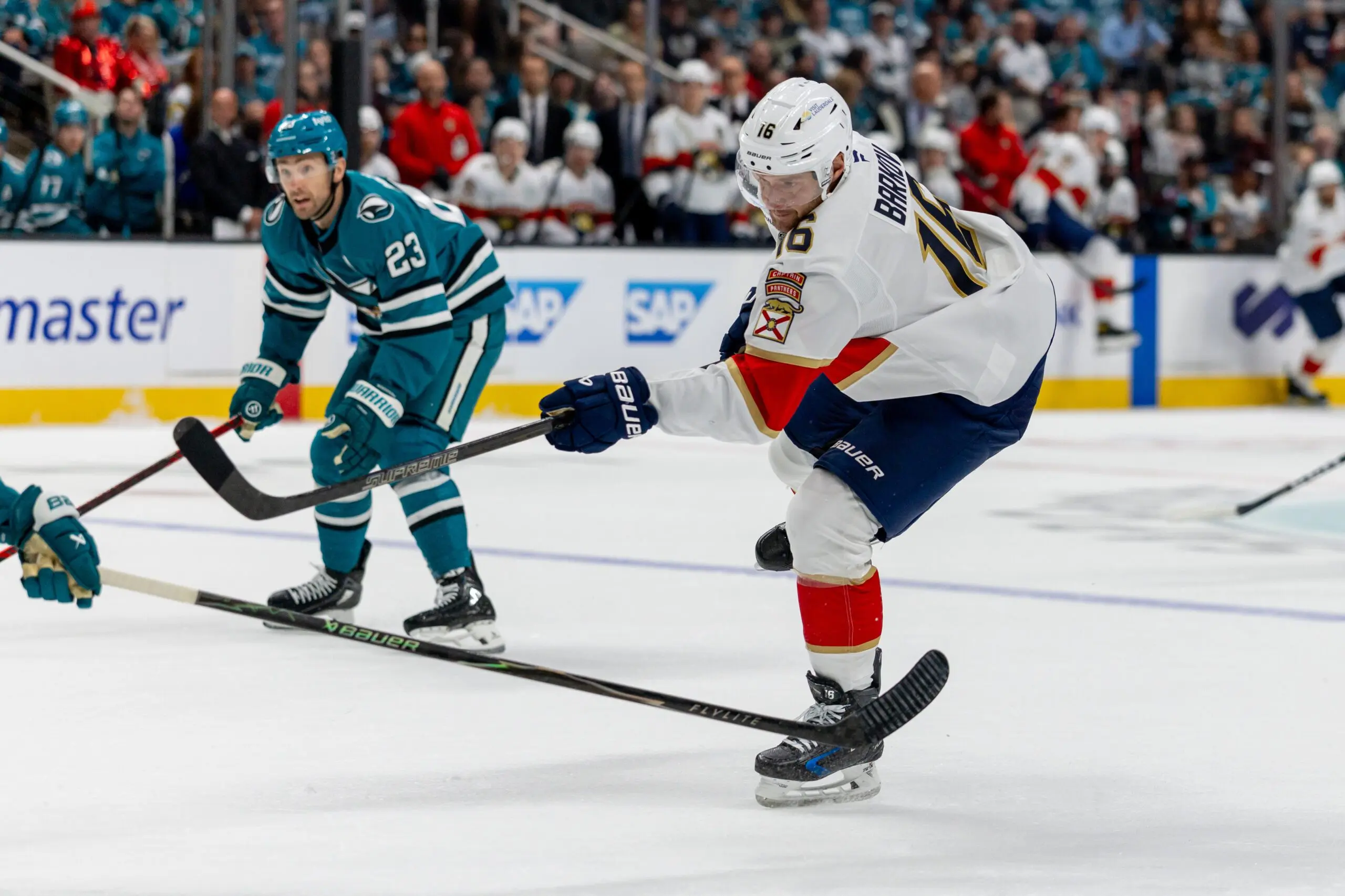 Florida Panthers center Aleksander Barkov (16) shoots during the first period against the San Jose Sharks at SAP Center at San Jose.