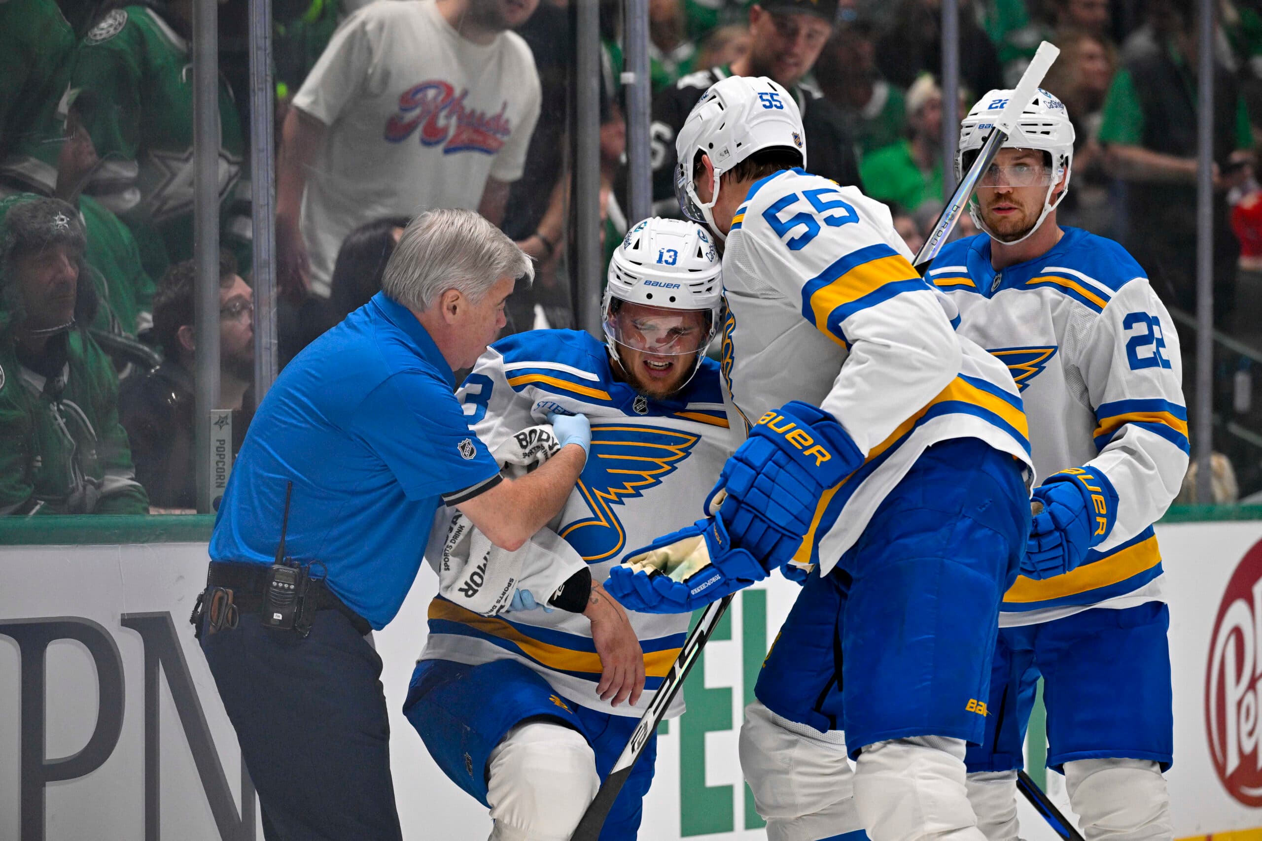 Blues’ Alexey Toropchenko leaves game with injury, Brandon Carlo ejected