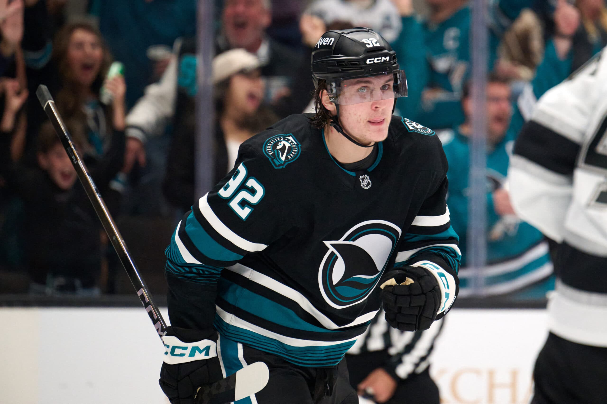 San Jose Sharks forward Igor Chernyshov (92) reacts after a goal scored against the Los Angeles Kings during the first period at SAP Center at San Jose.