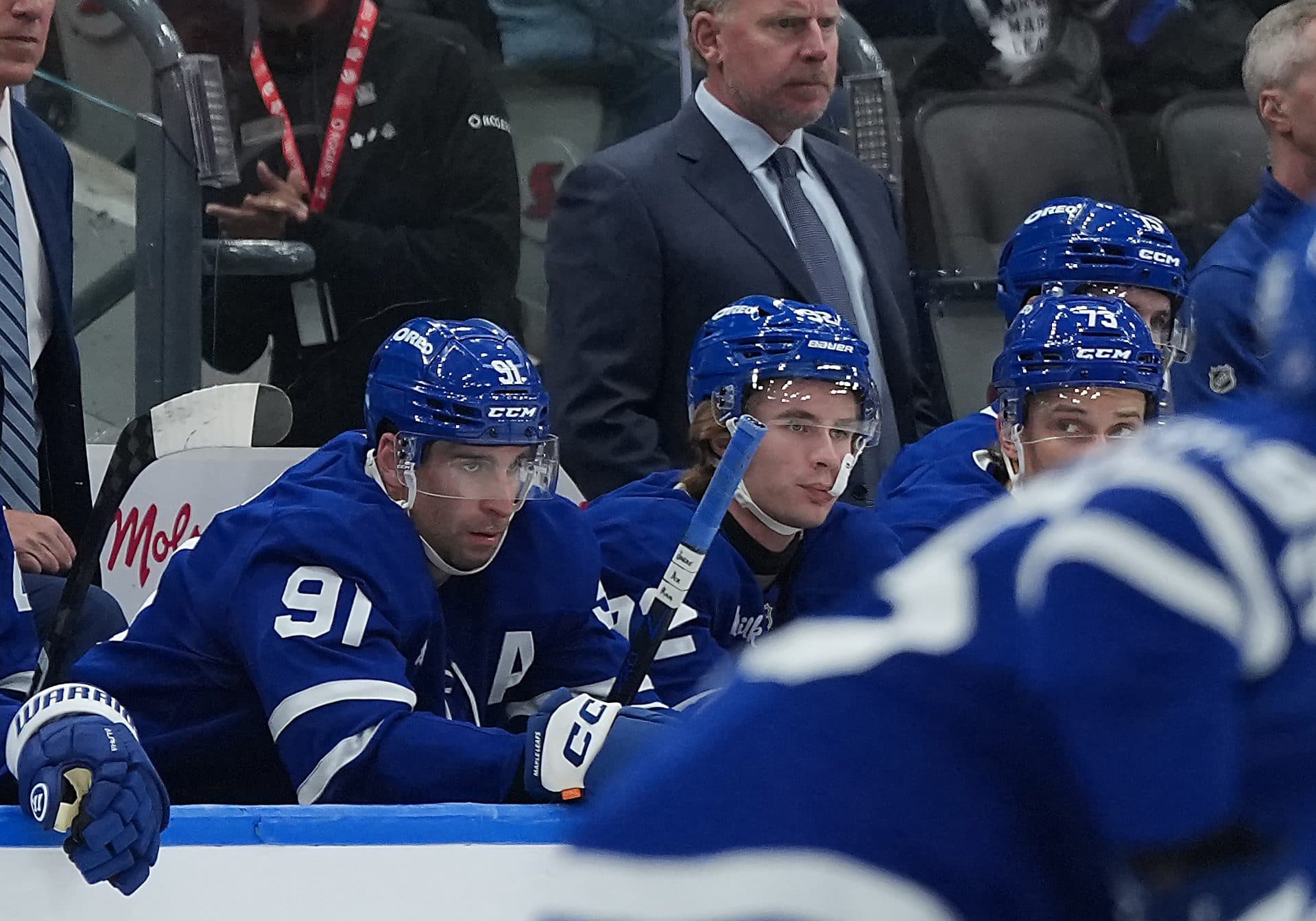 Toronto Maple Leafs left wing Gavin McKenna (92) gets his first point and sits beside center John Tavares (91) against the Nashville Predators during the second period at Scotiabank Arena.