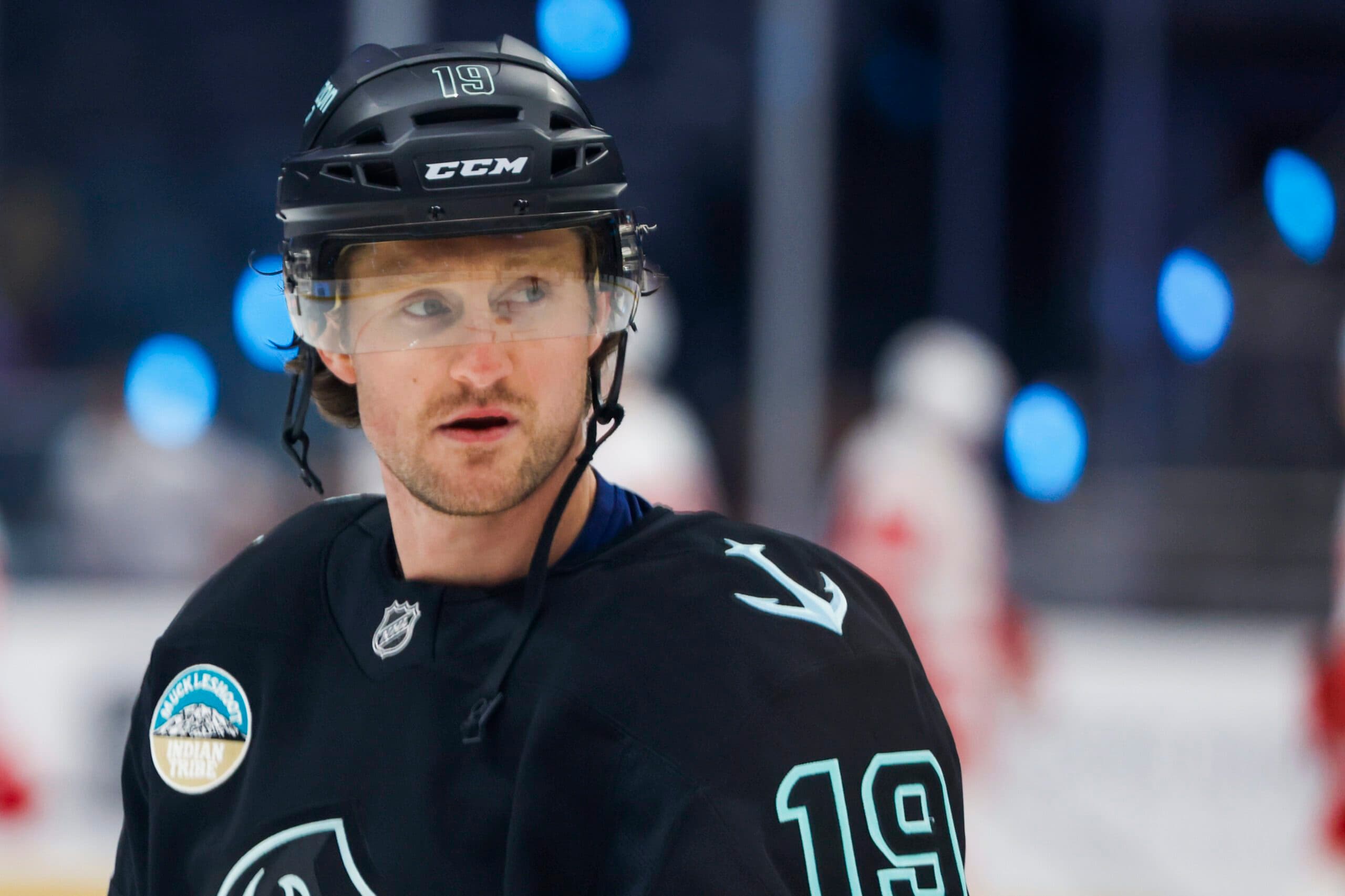 Seattle Kraken left wing Jared McCann (19) participates in pregame warmups against the Detroit Red Wings at Climate Pledge Arena.